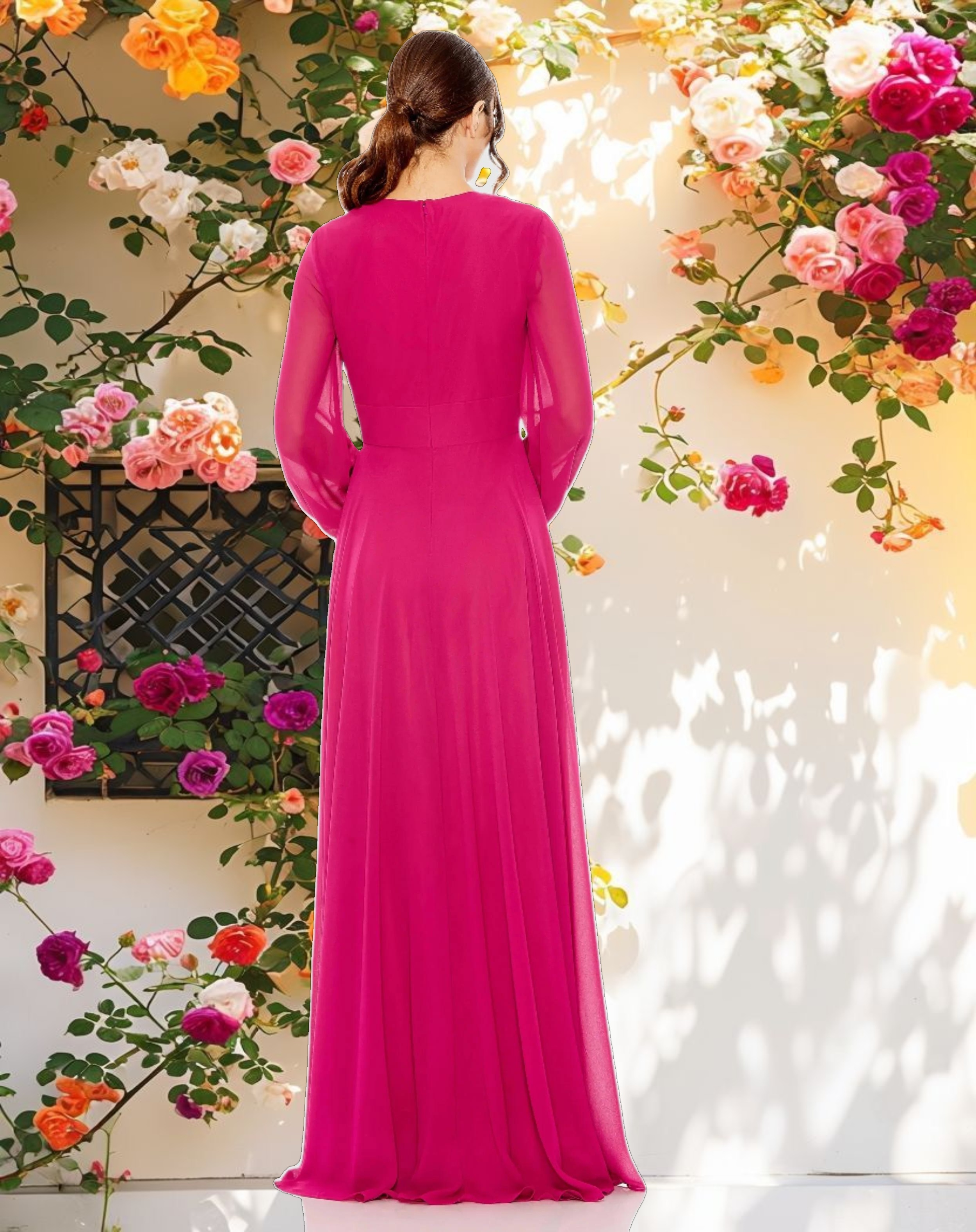 Purple V-Neck Illusion Long Sleeve Chiffon Gown