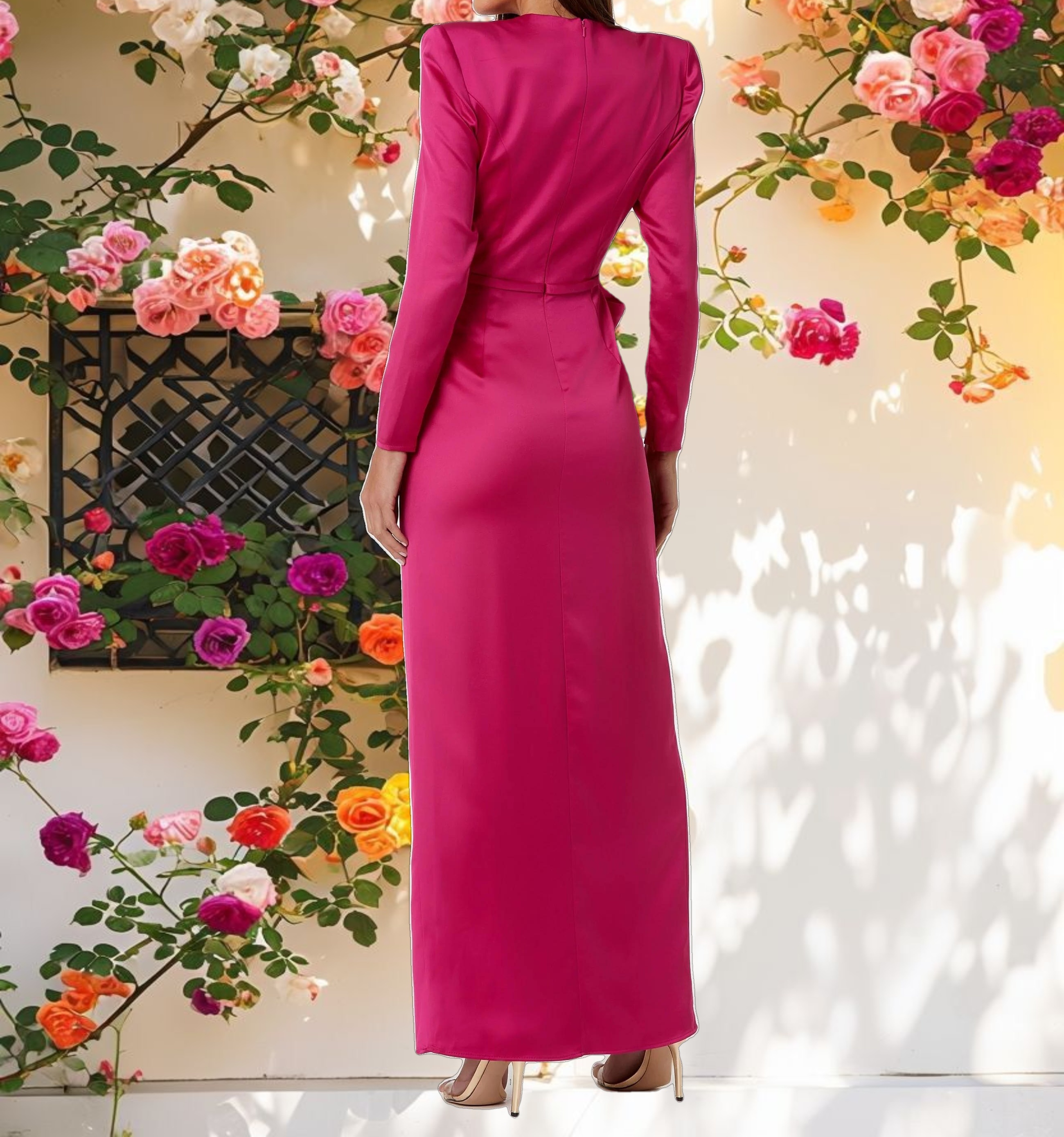 Pink Long Sleeve Satin Structured Bow Draped Column Gown