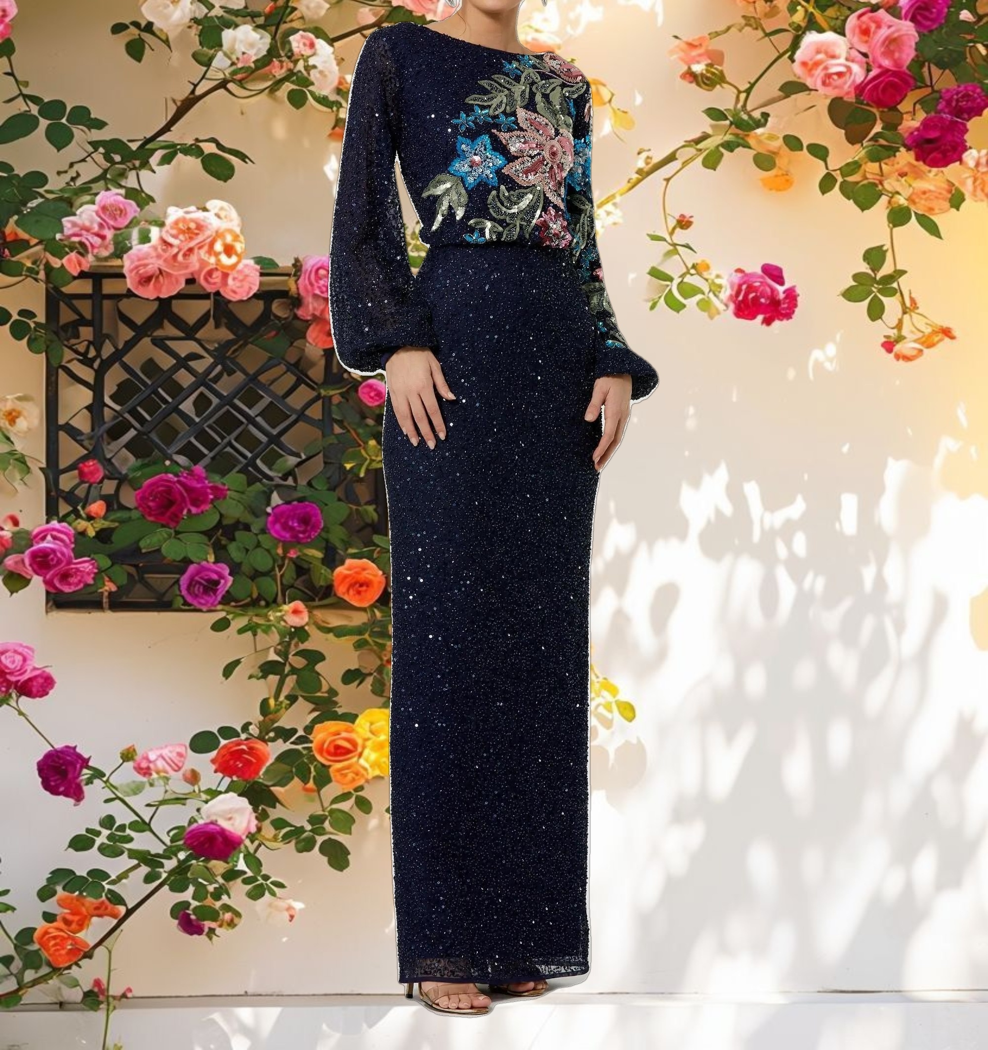 Embellished Multi Color Floral High Neck Gown