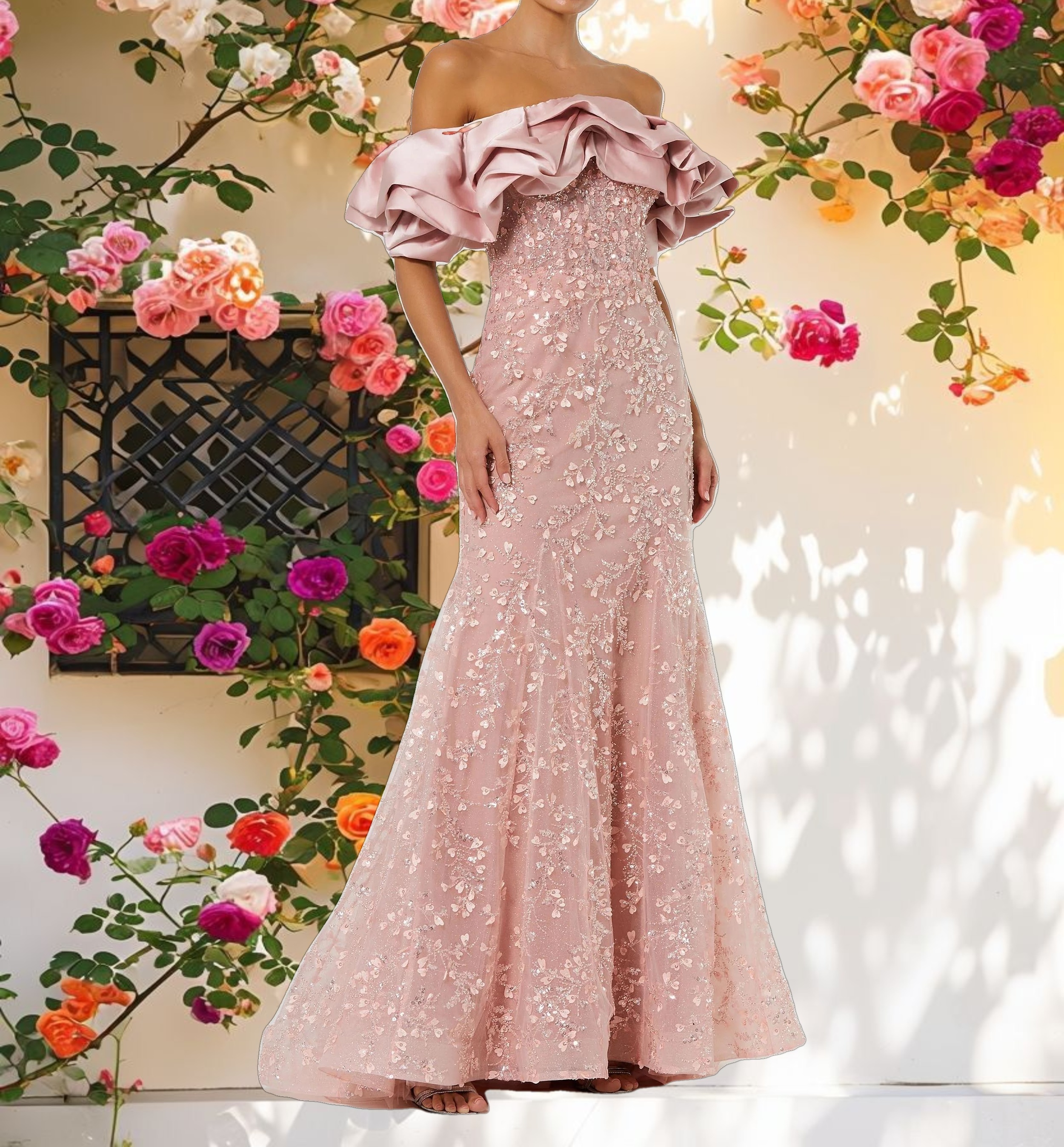 Pink Beaded Applique Off The Shoulder Mermaid Gown