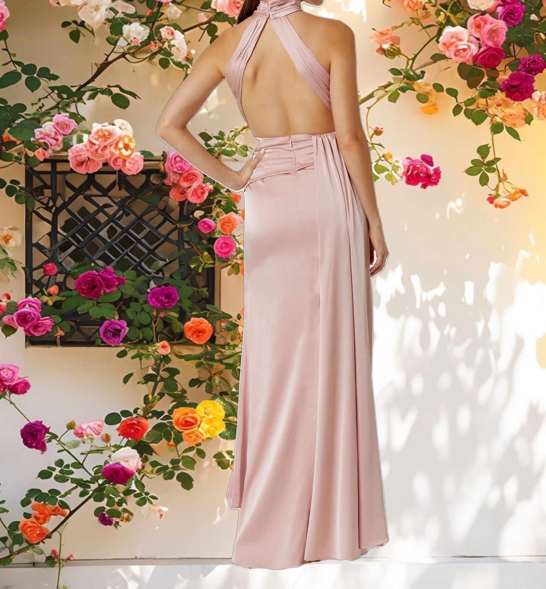Pink Open Back High Neck Side Ruched Gown