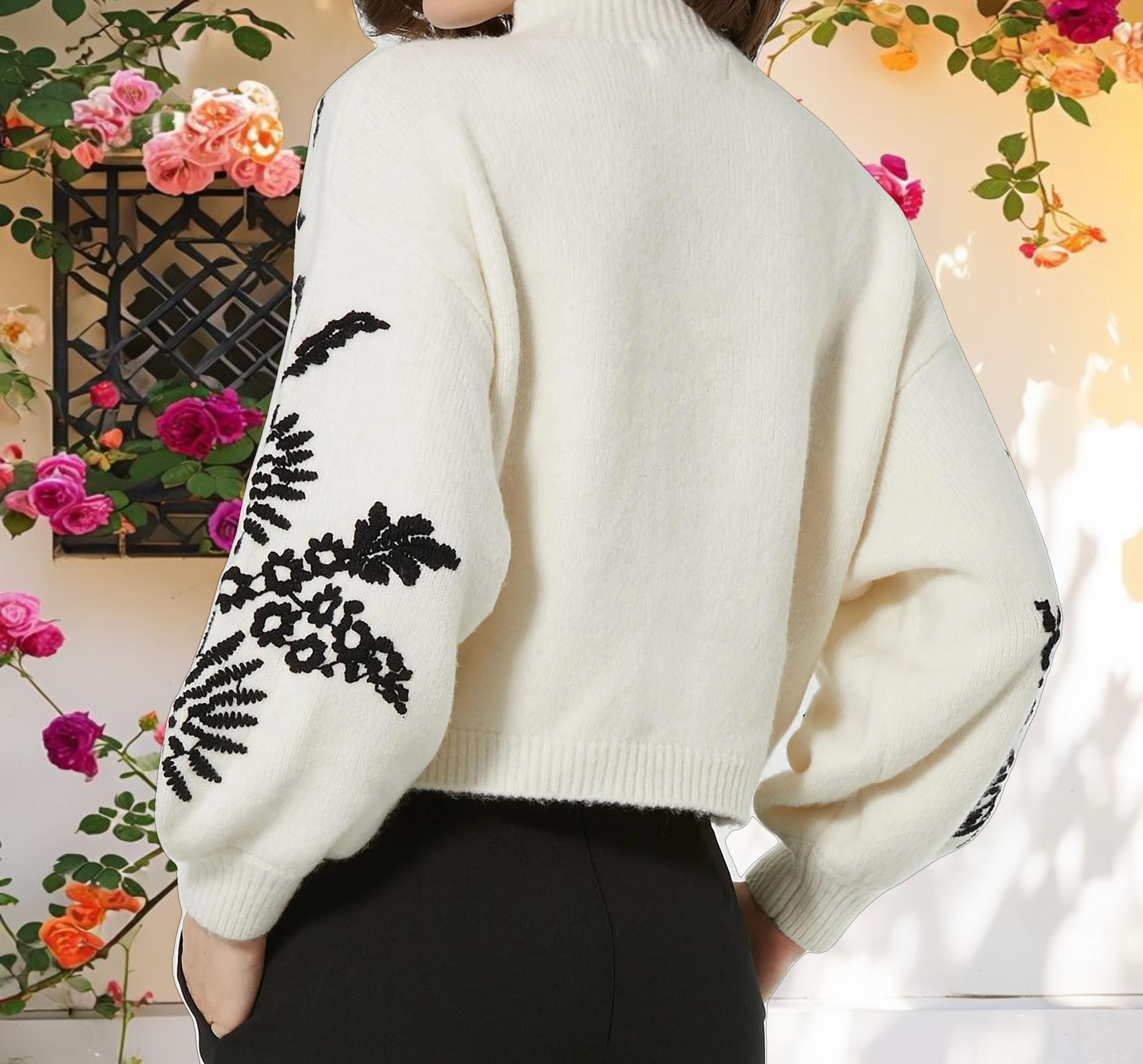 Balloon Sleeve Cropped Mock Neck Knit Sweater