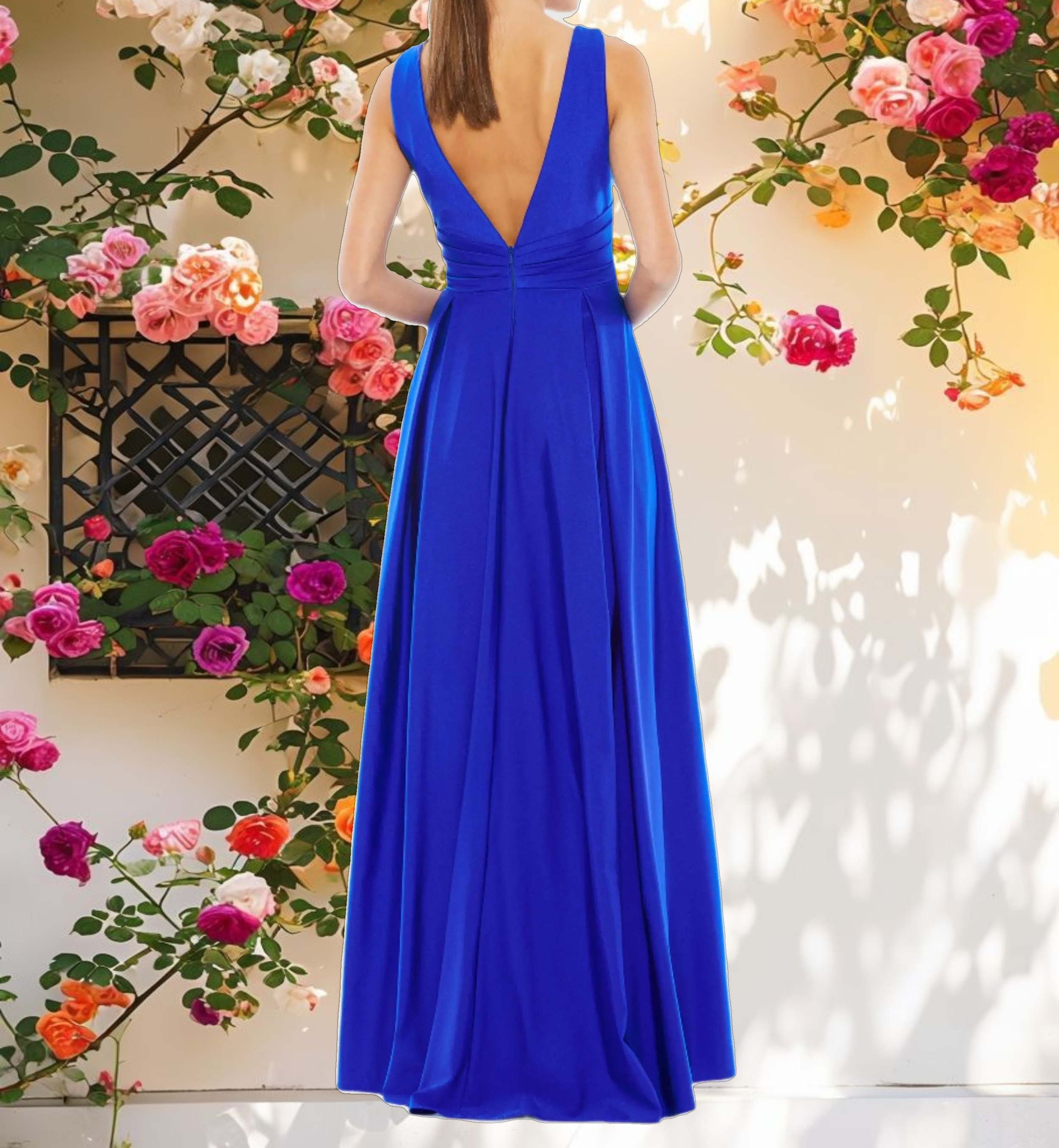 Blue Jersey Plunge Neck Evening Gown