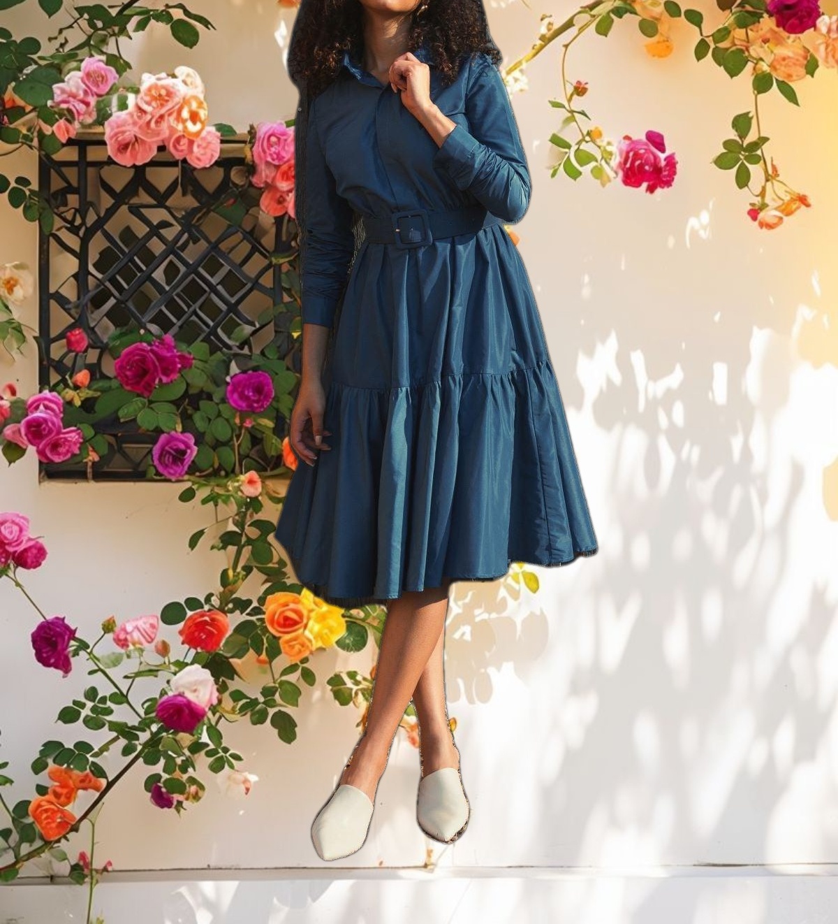 Blue Faille Long Sleeve Collared Midi Dress With Belt