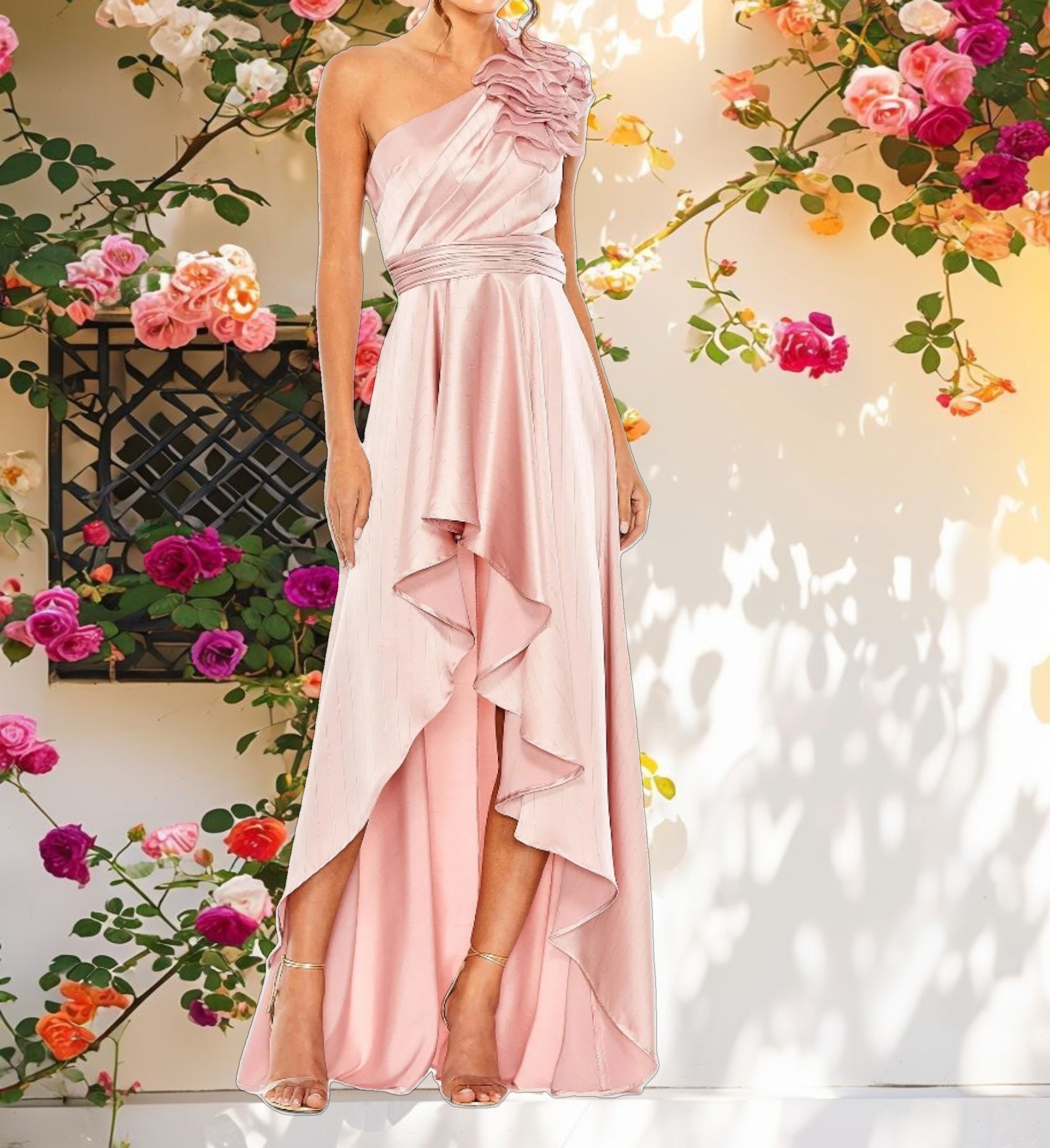 Pink Ruffled One Shoulder Cut Out Hi Low Gown
