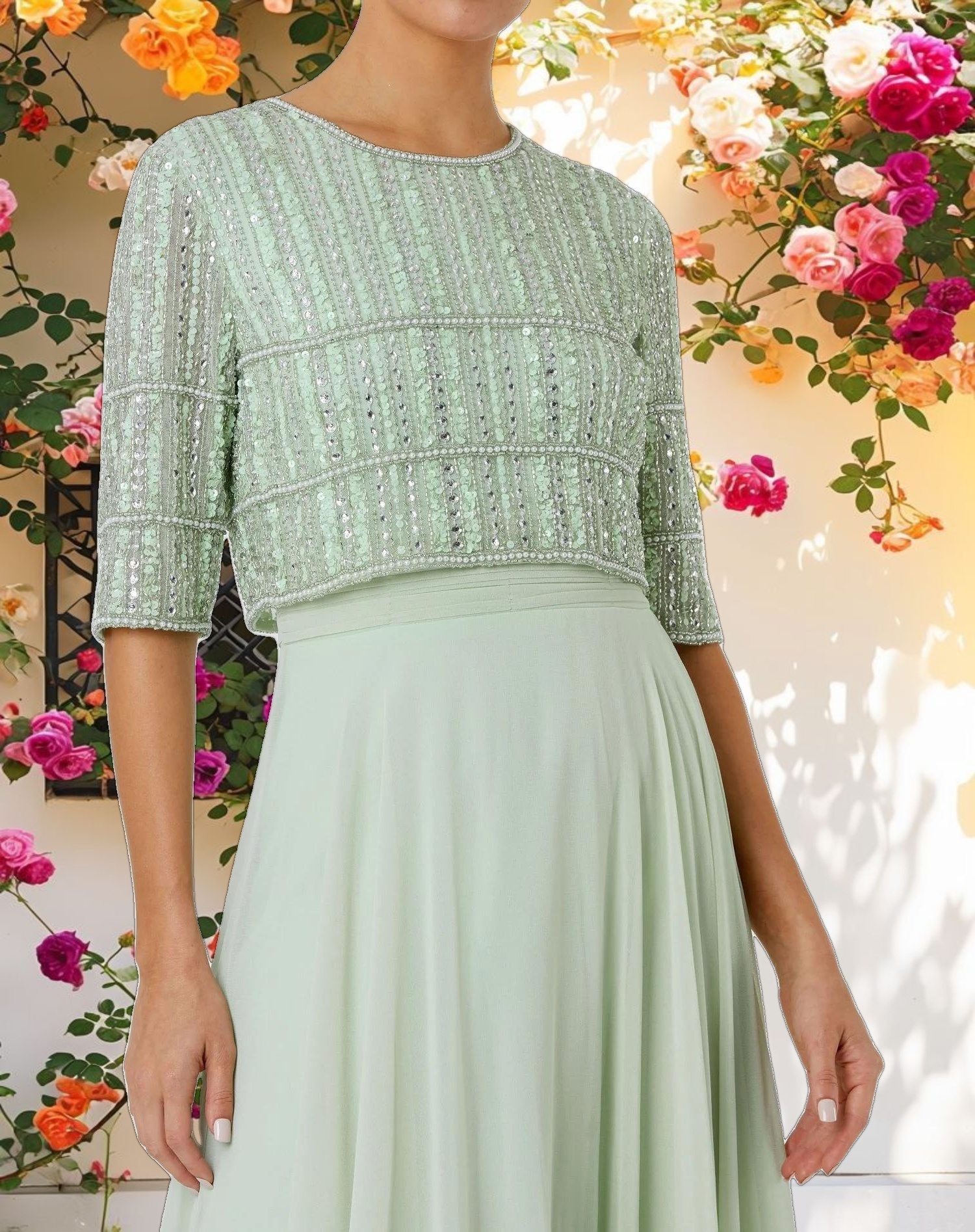 Green Chiffon Gown w/ Fully Beaded 3/4 Sleeve Top