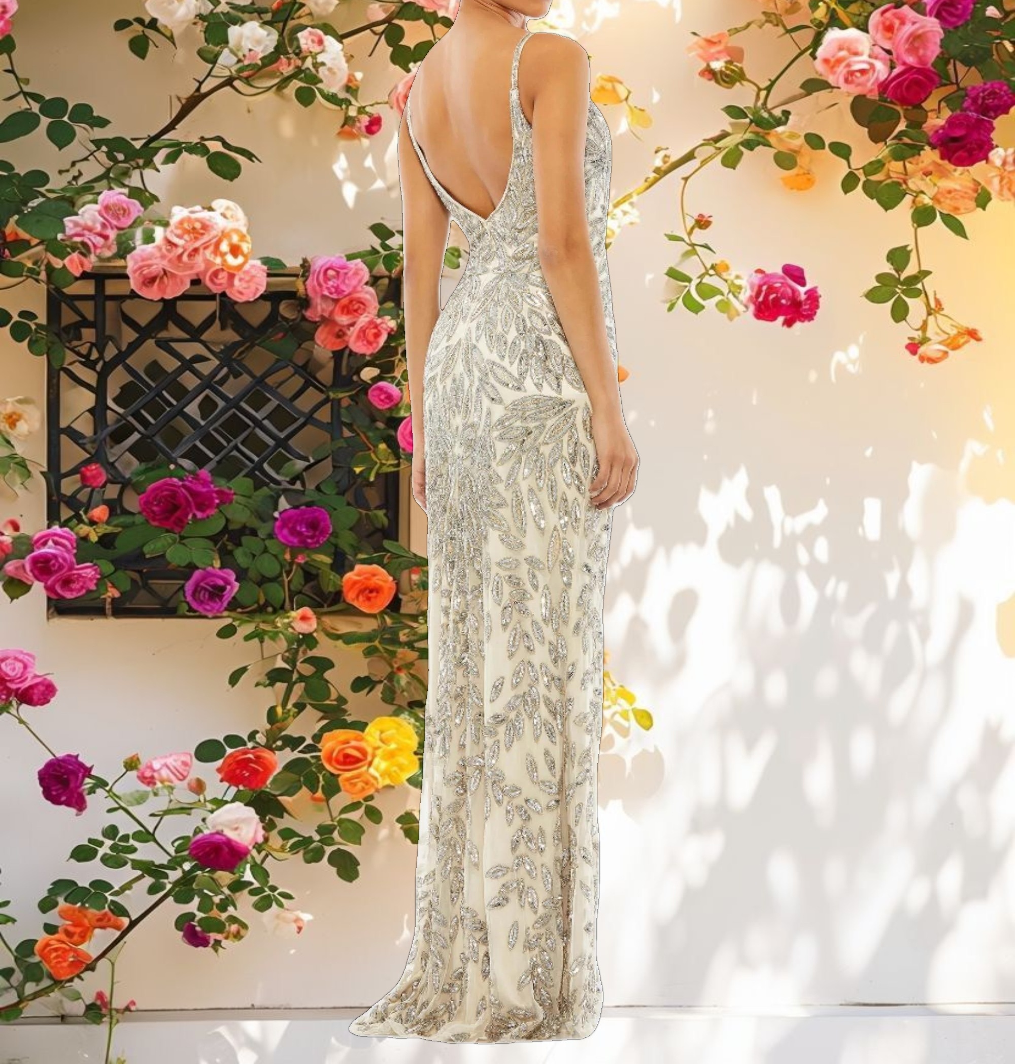 Silver Embellished Leaf Evening Gown