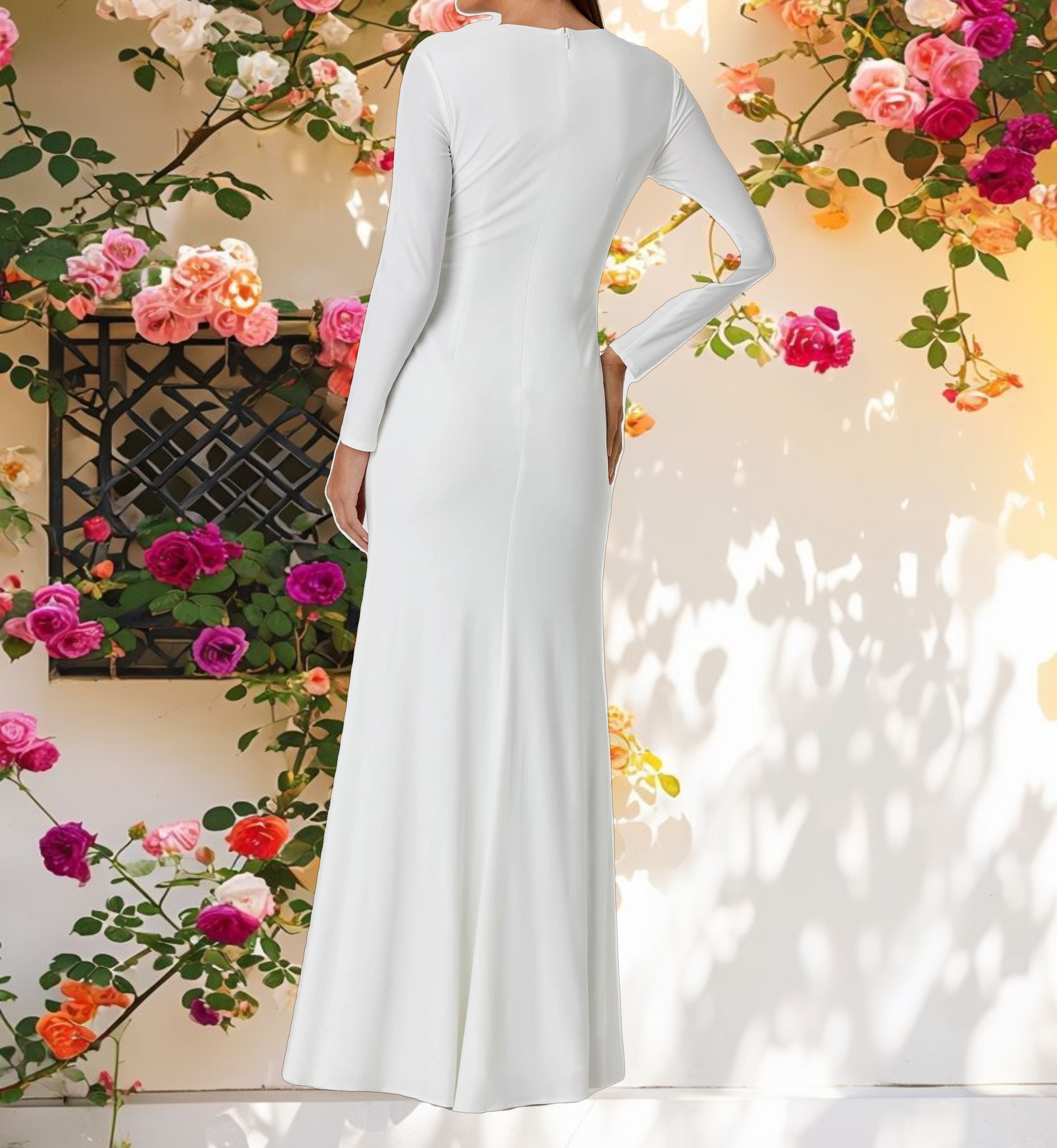 White Long Sleeve Keyhole Draped Gown
