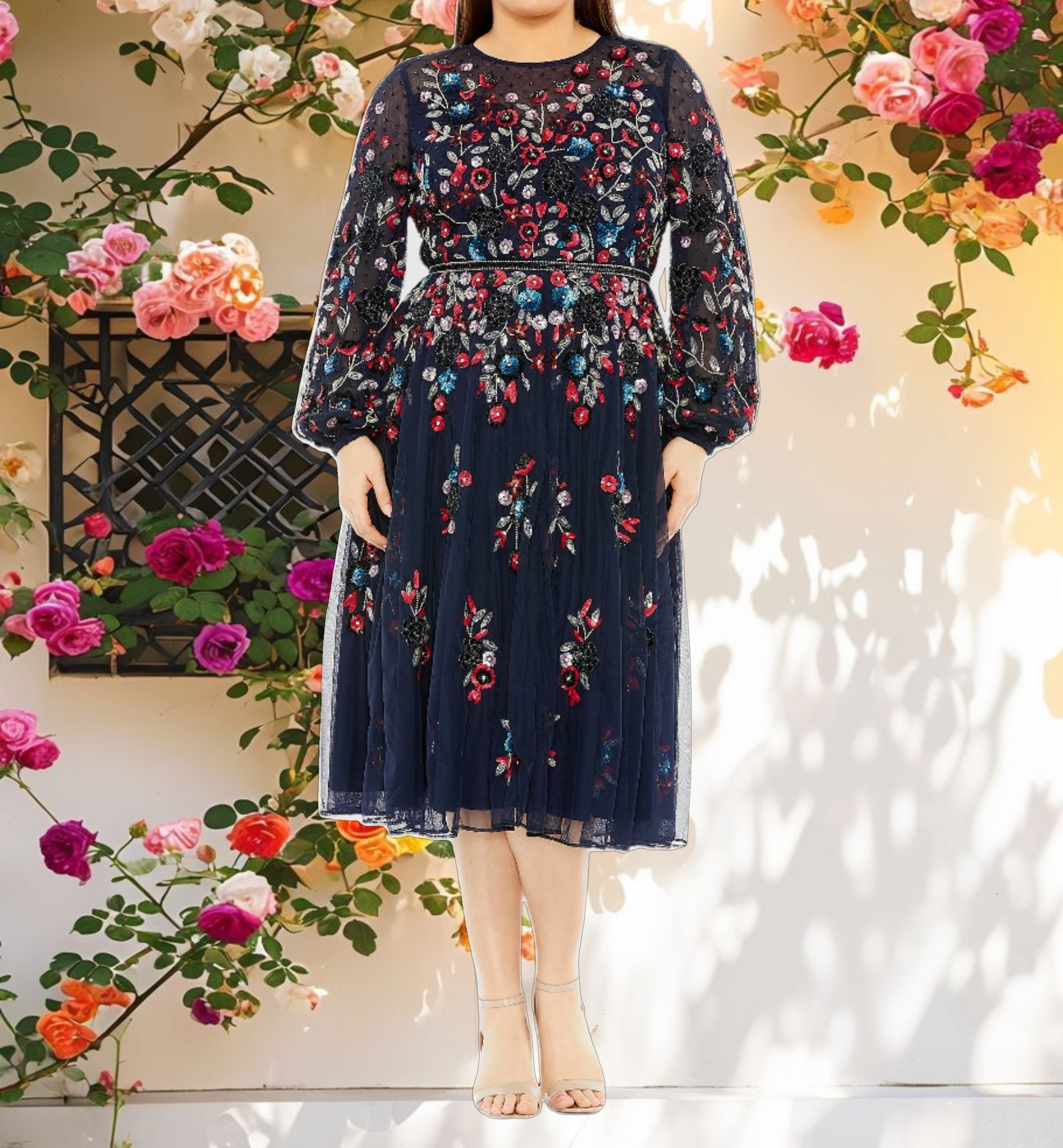 Blue Long Sleeve Beaded Evening Gown