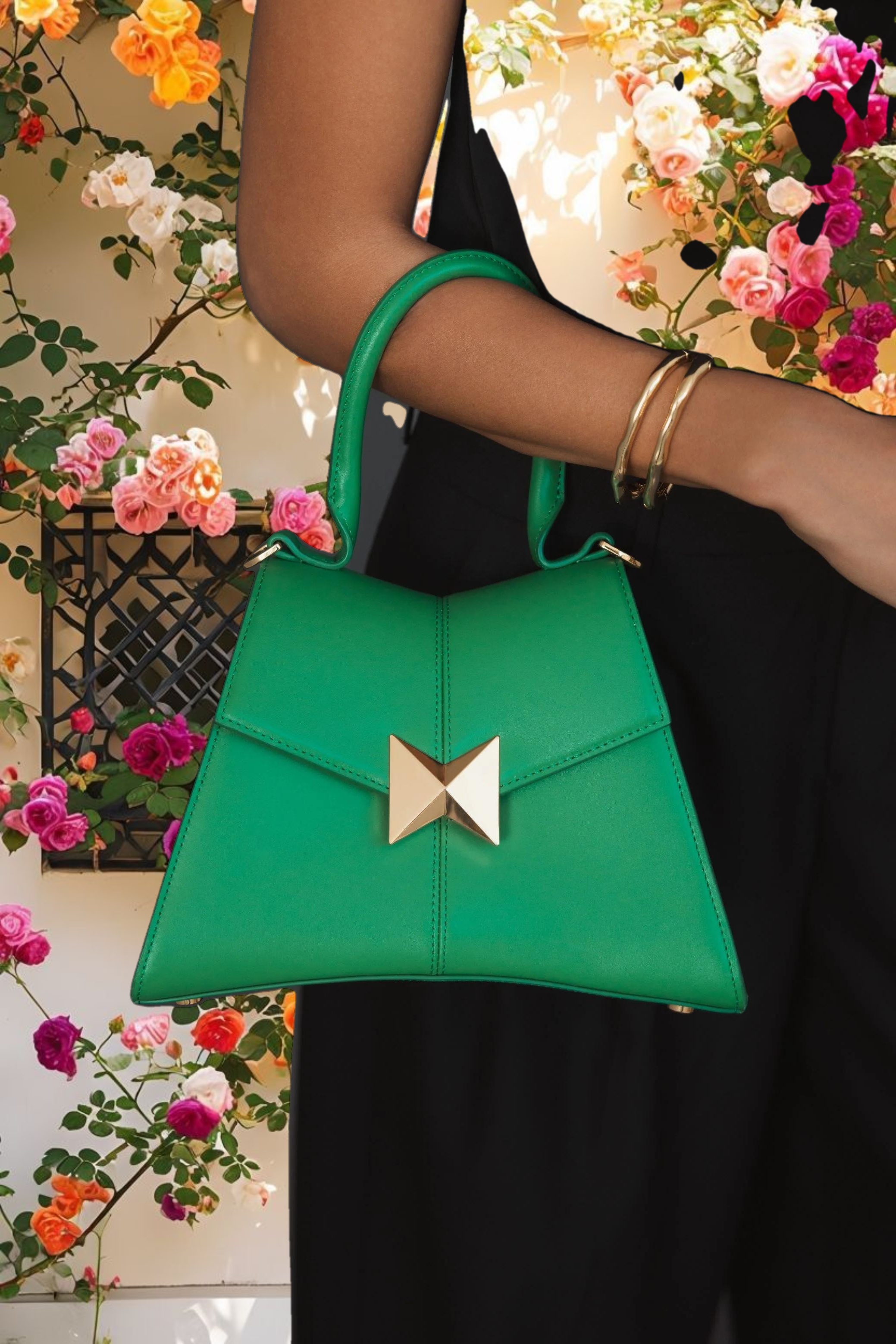 Angular Small Green Leather Handbag With Gold Hardware