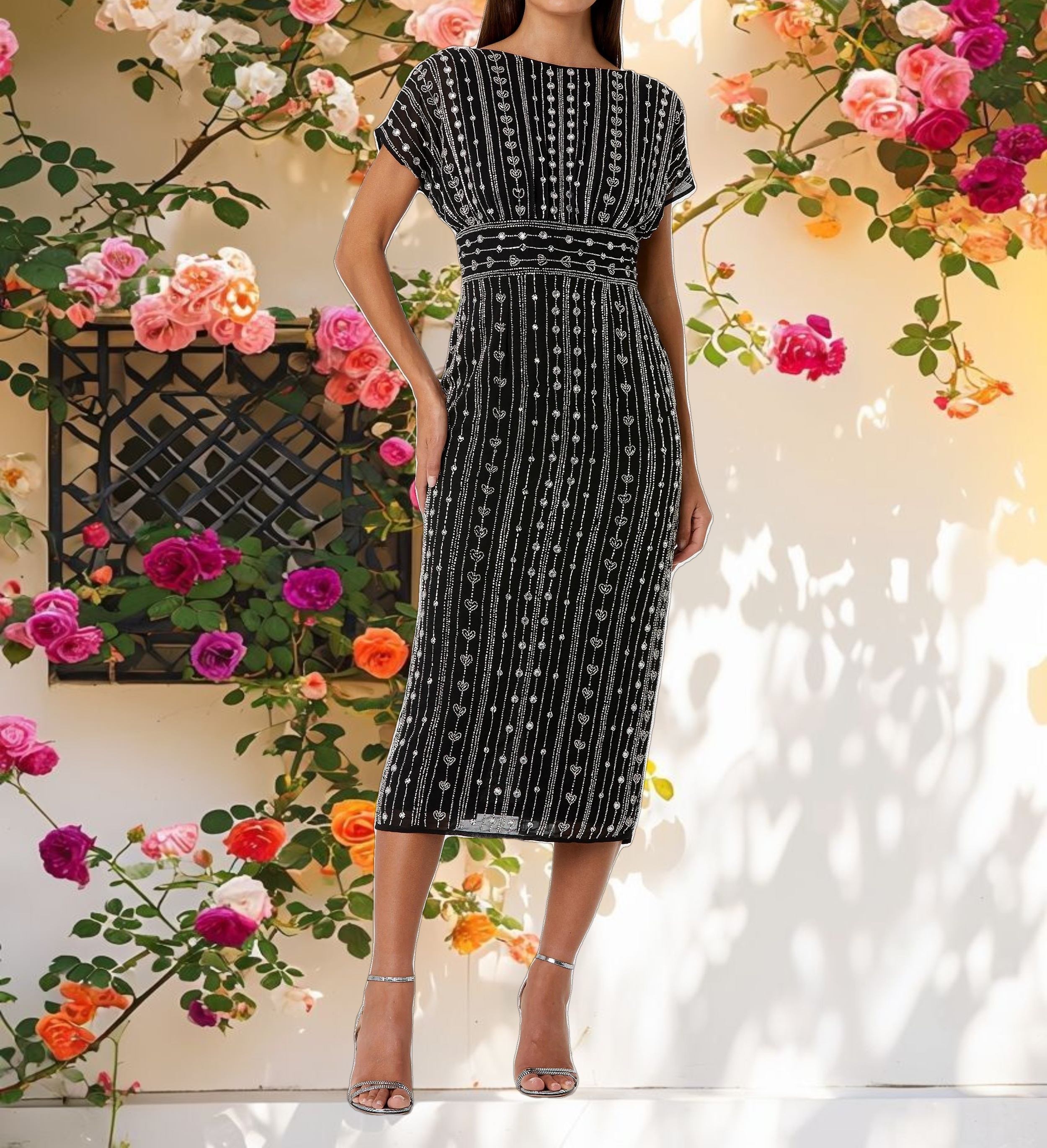 Black Beaded Cap Sleeve Empire Waist Sheath Midi Dress