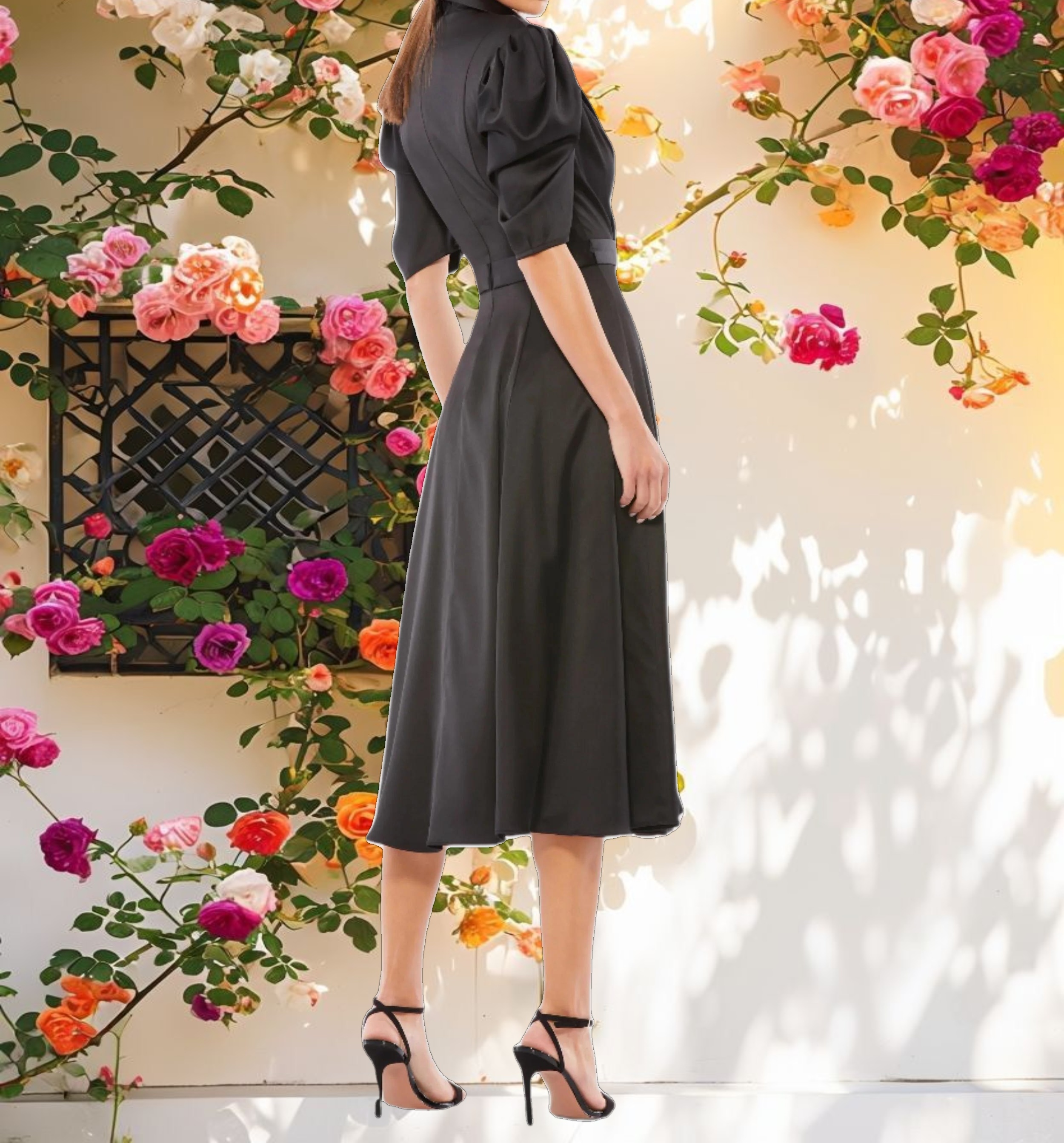 Black Satin Lapel Puff Sleeve Tea Length Dress
