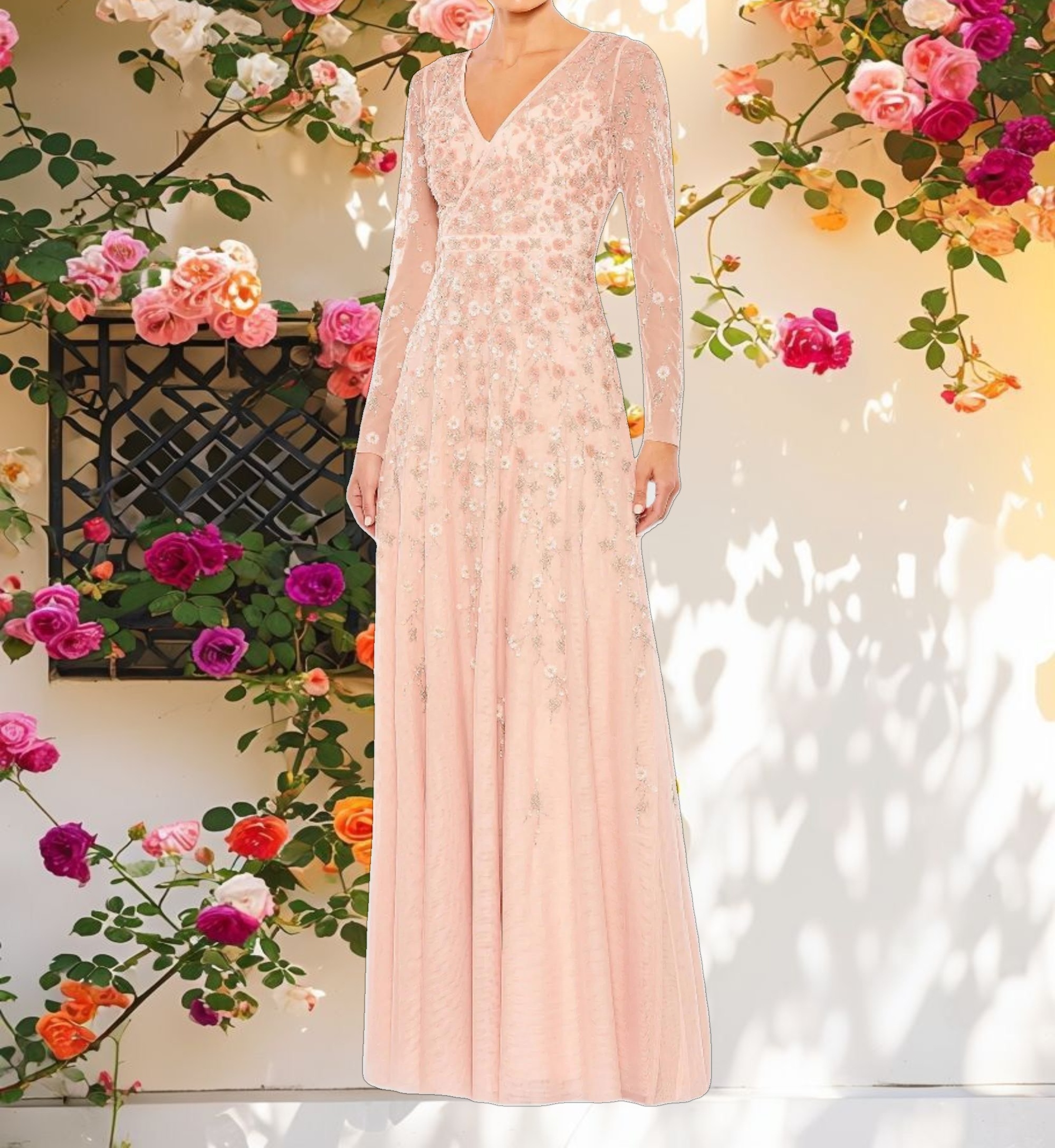 Stitched Wrap Over Illusion Long Sleeve A Line Gown