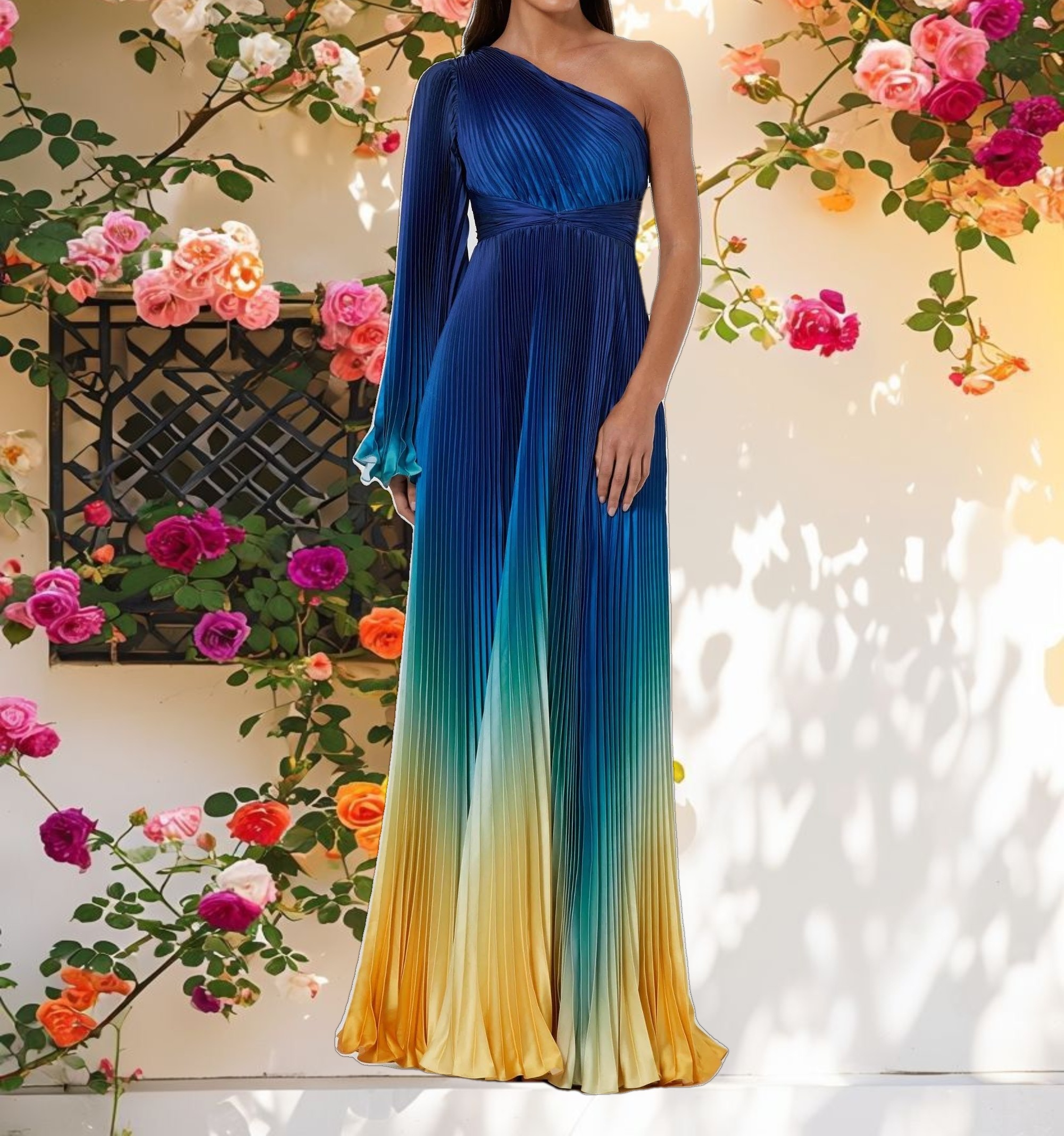Blue Ombre Flare Sleeve Charmeuse Gown