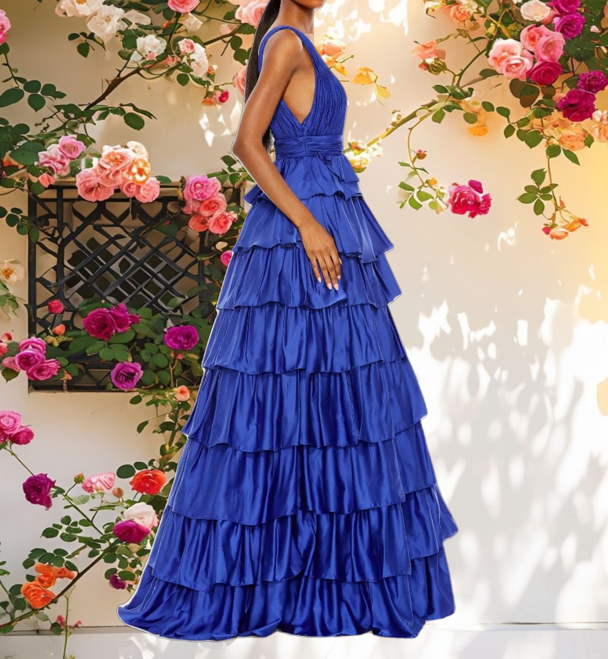 Ruffle Tiered Pleated Sleeveless V Neck Gown