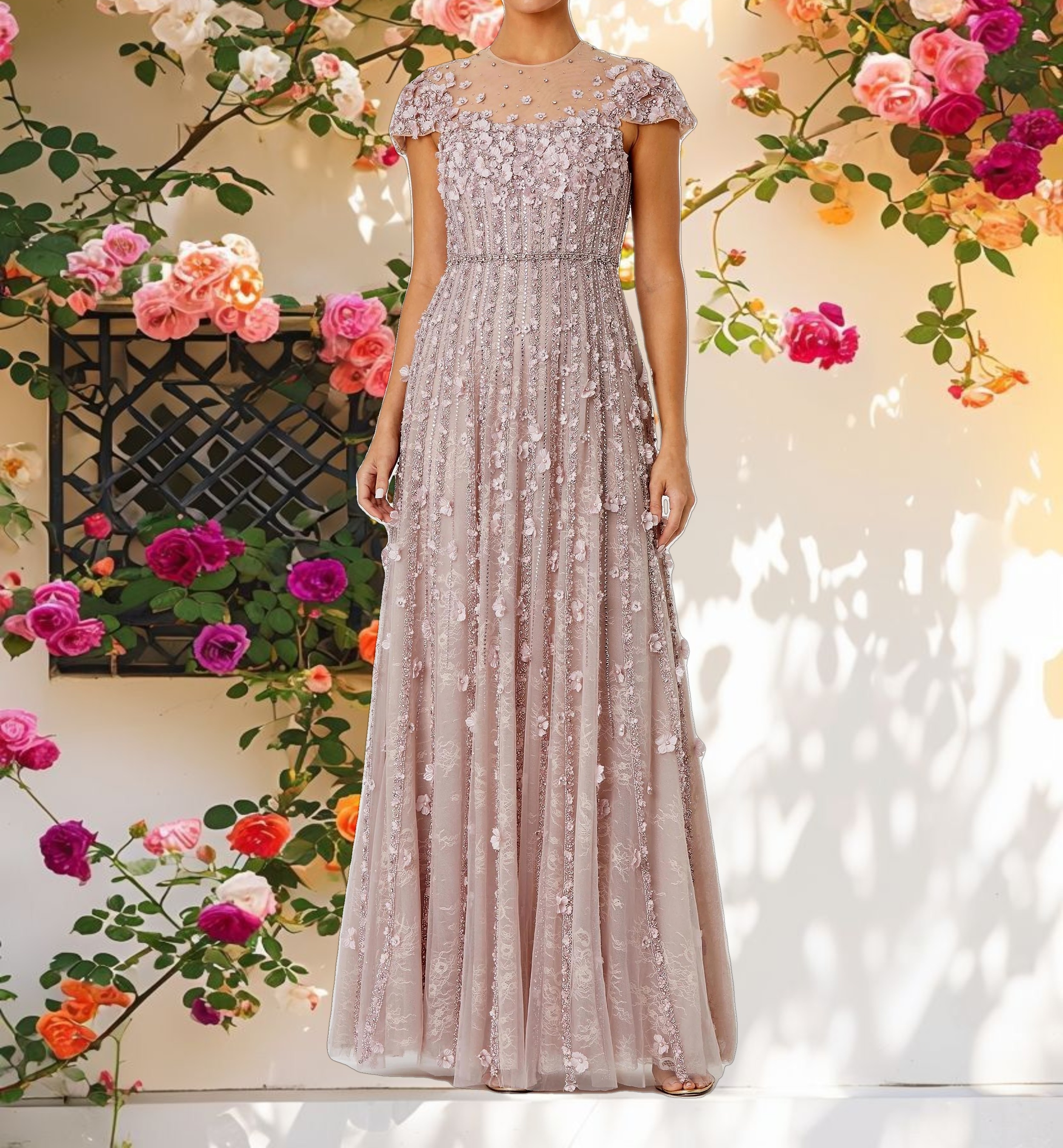 Pink Embellished Lace Cap Sleeve Illusion Neck Gown
