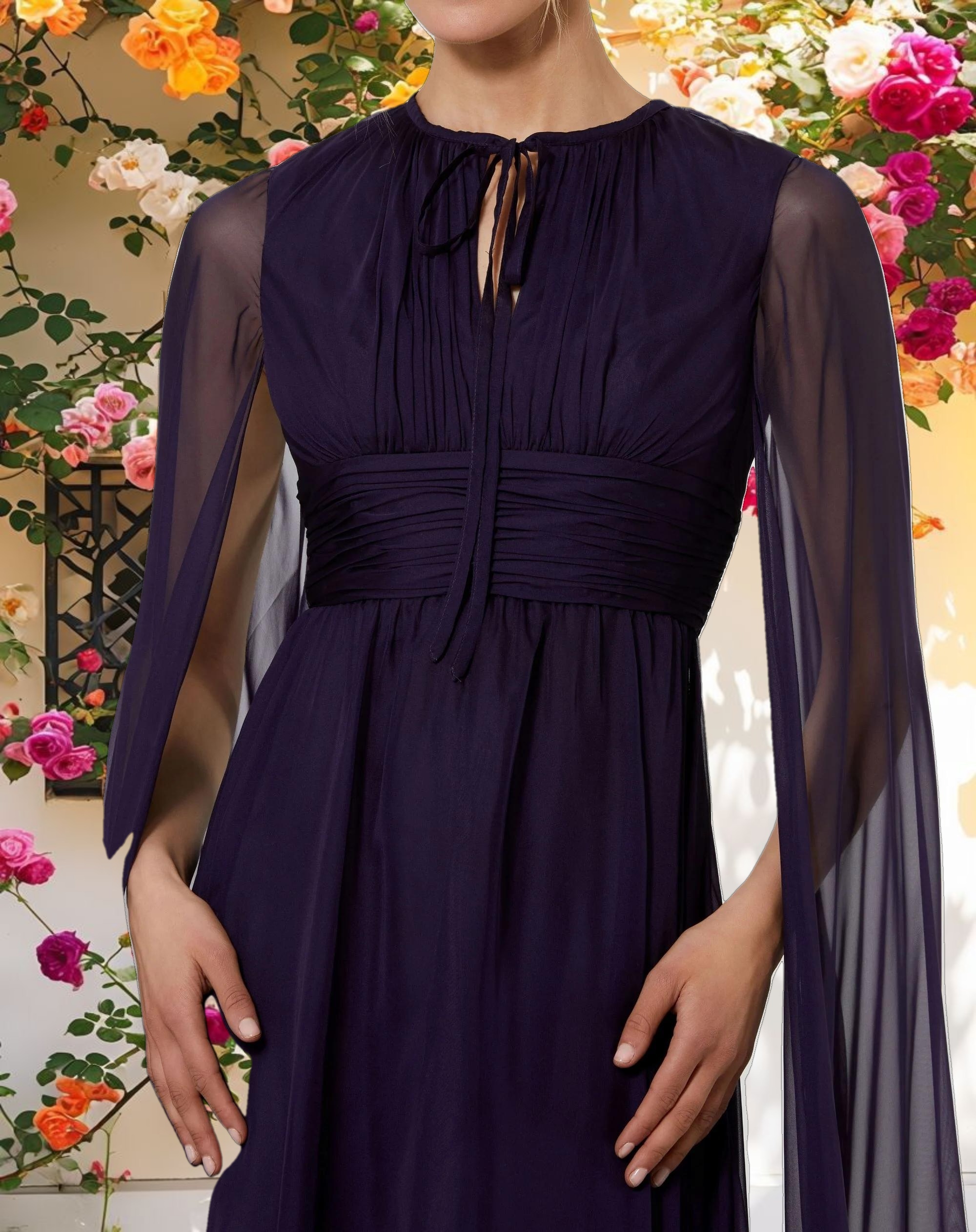 Pink Tulle Coat Sleeve Floor Length Dress With Keyhole