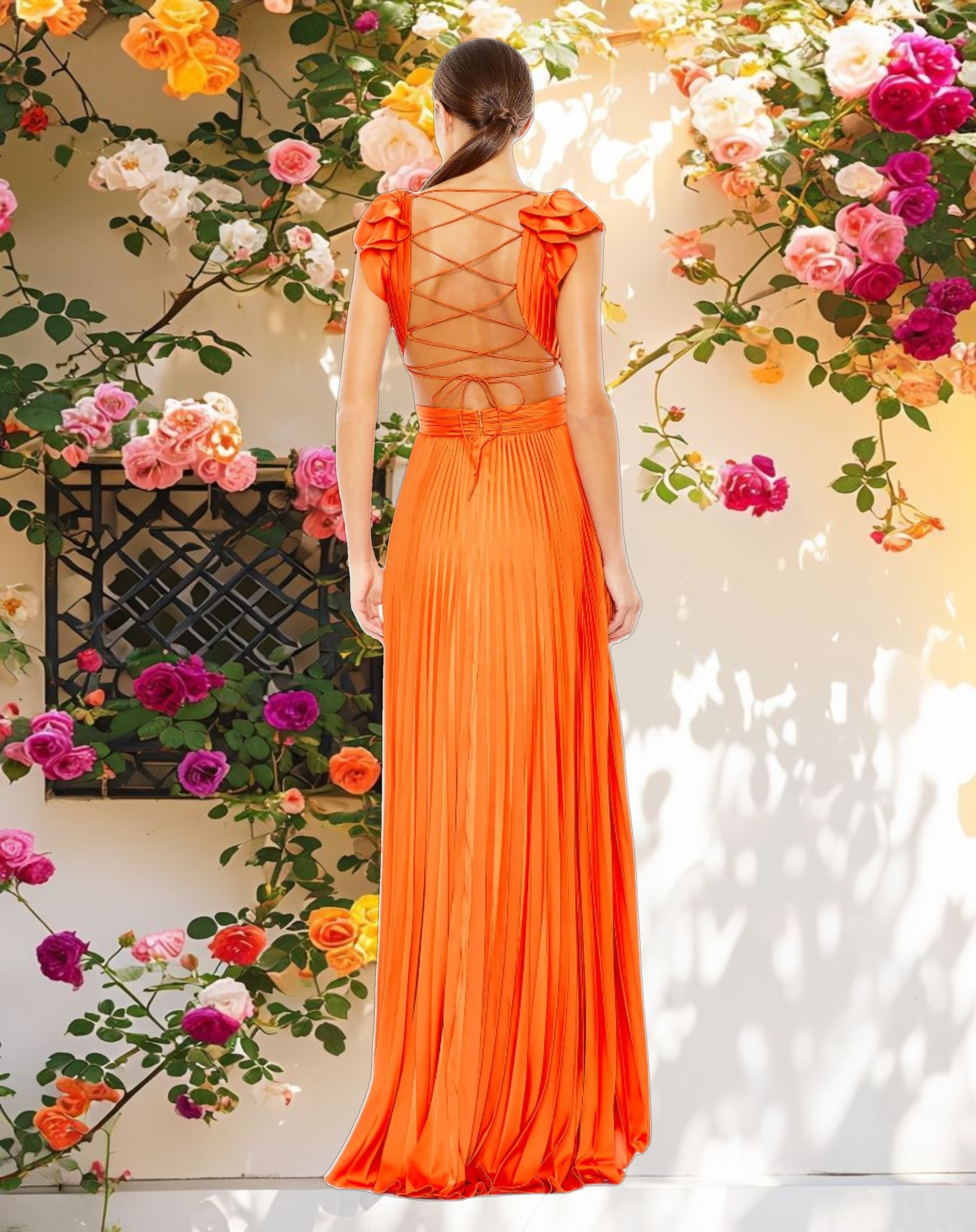 Orange Pleated Ruffled Cap Sleeve Cut Out Lace Up Gown