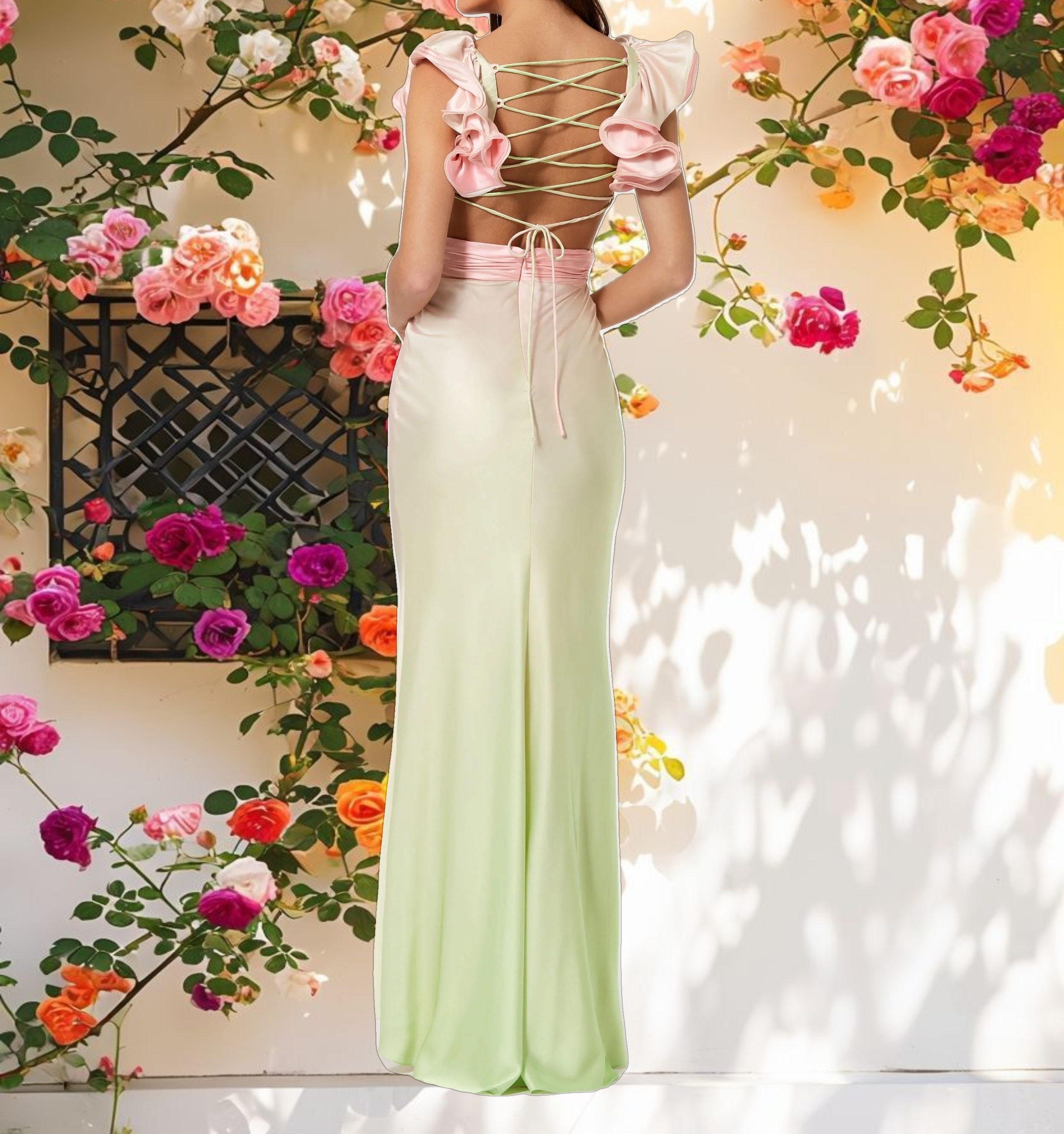 Pink and Green Charmeuse Ruffle Strap Crossover Ombre Gown