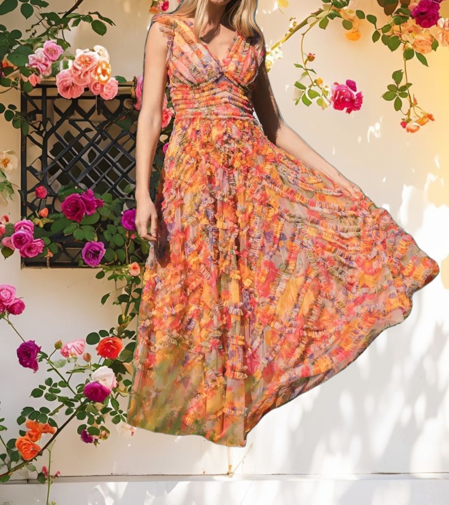 Multi Color Floral Mesh V Neck Dress