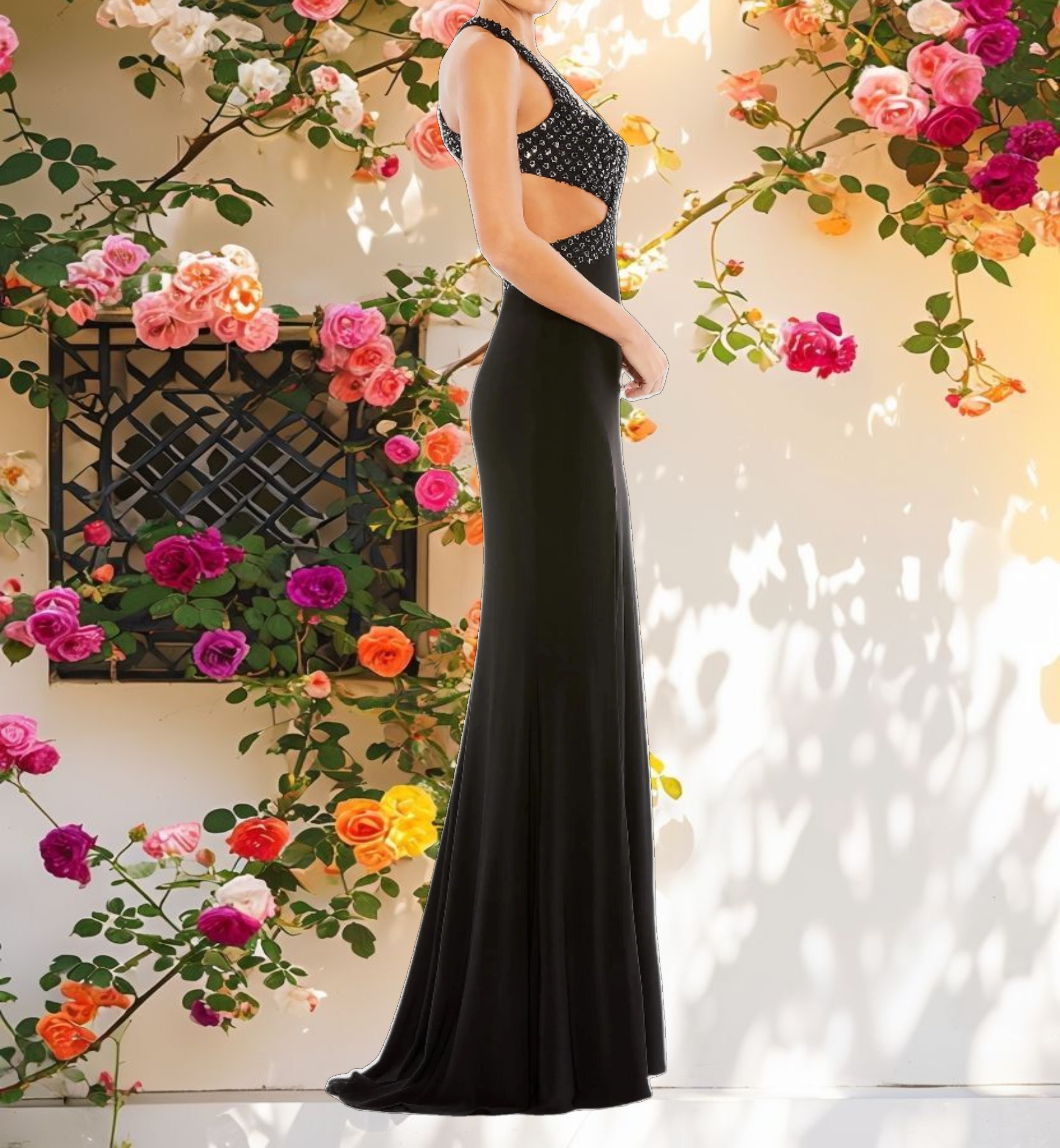 Floral Sequined Criss Cross Bodice Gown