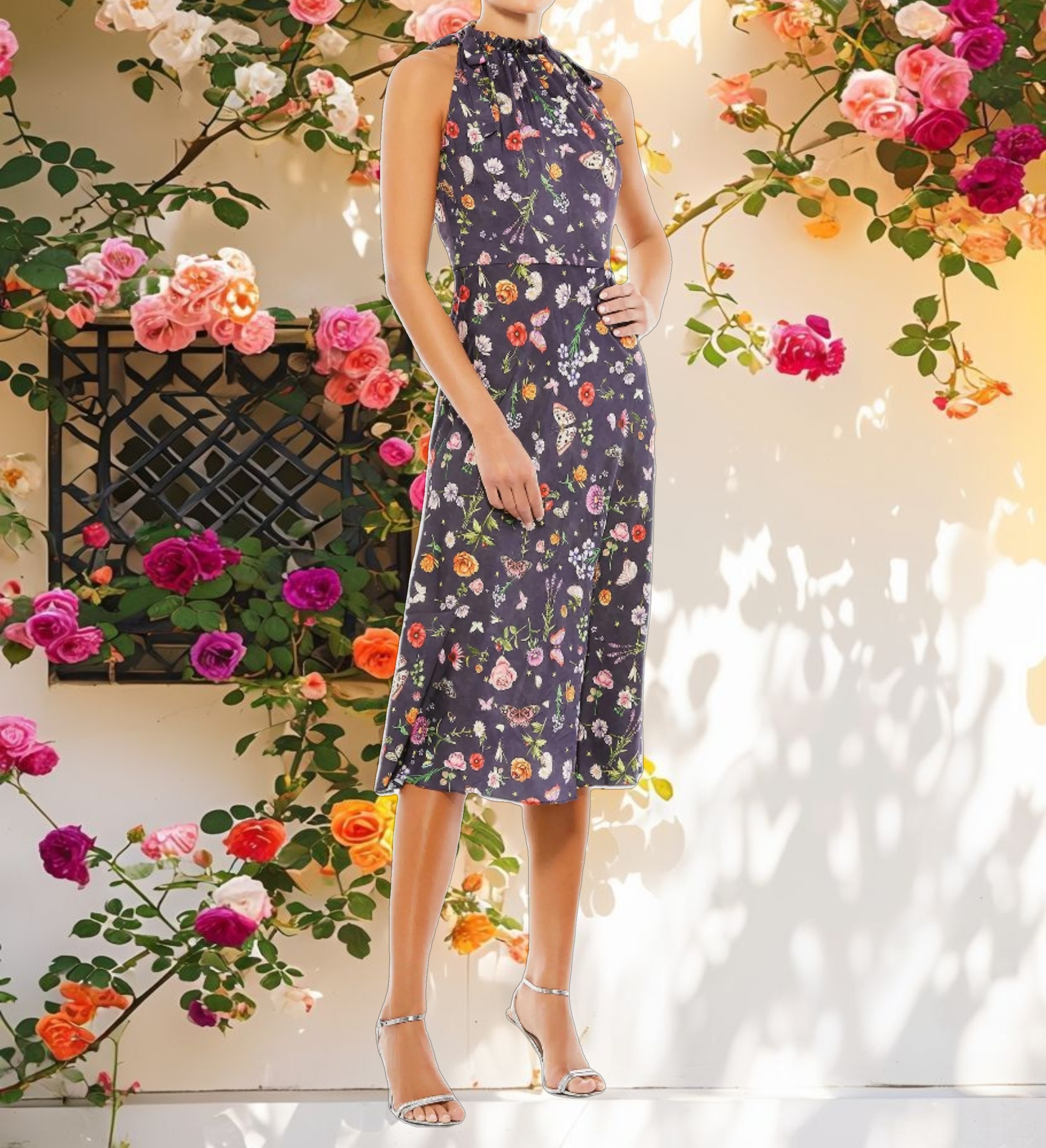 Pink Floral Print Tie Neck Midi Dress