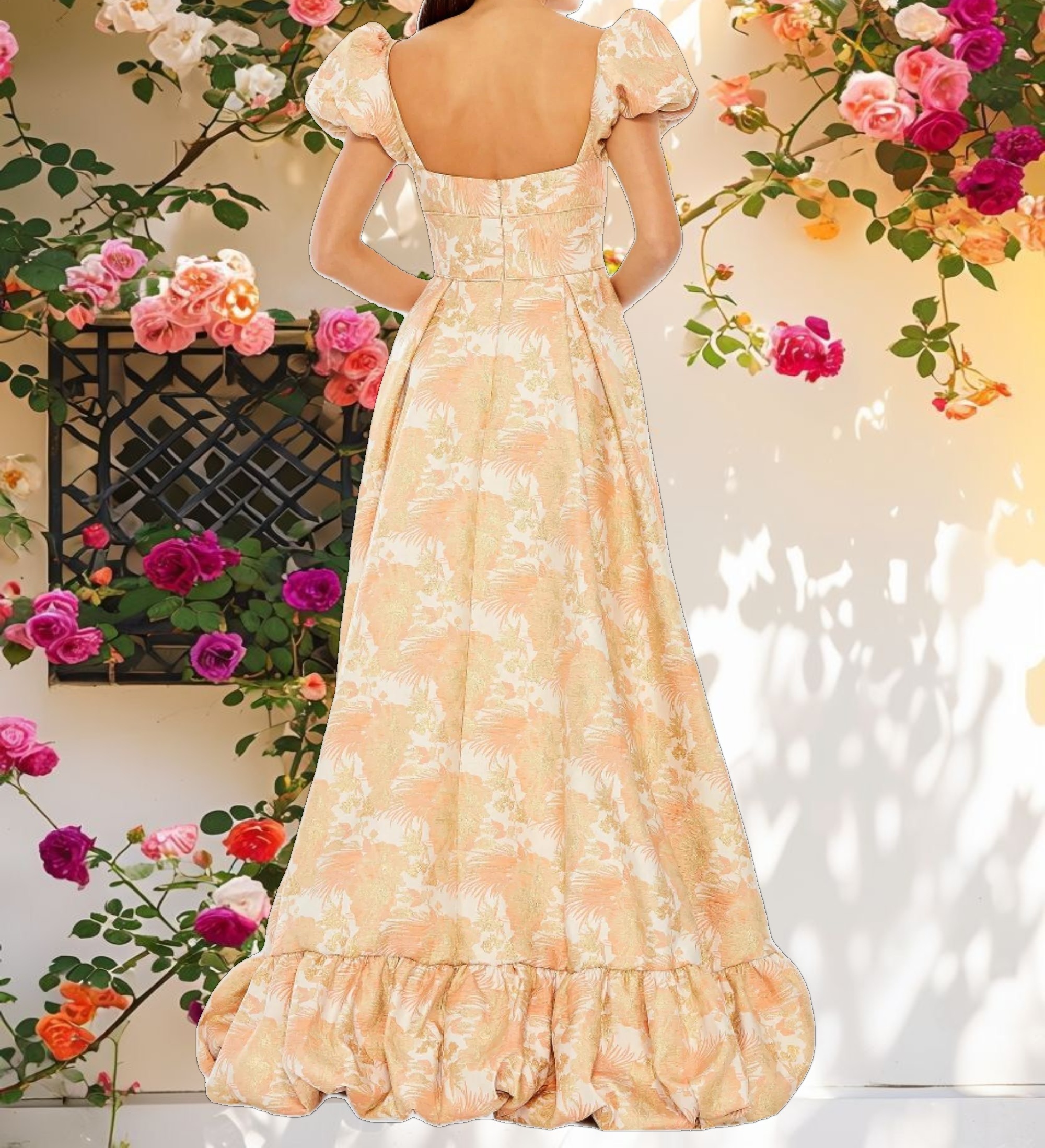 Orange Floral Print Puff Sleeve High Low Brocade Gown