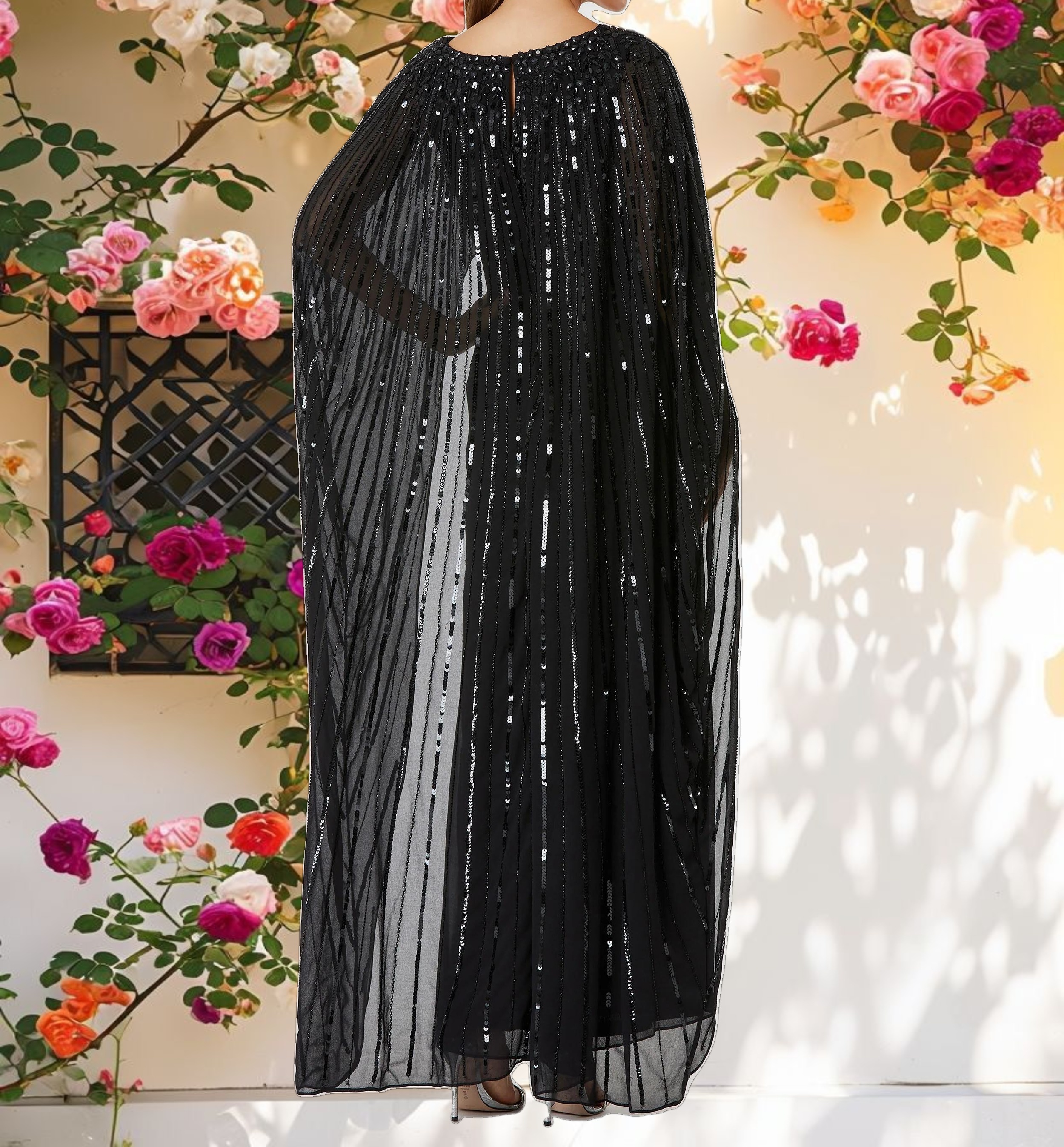 Black Embellished Beaded Column Cape Gown
