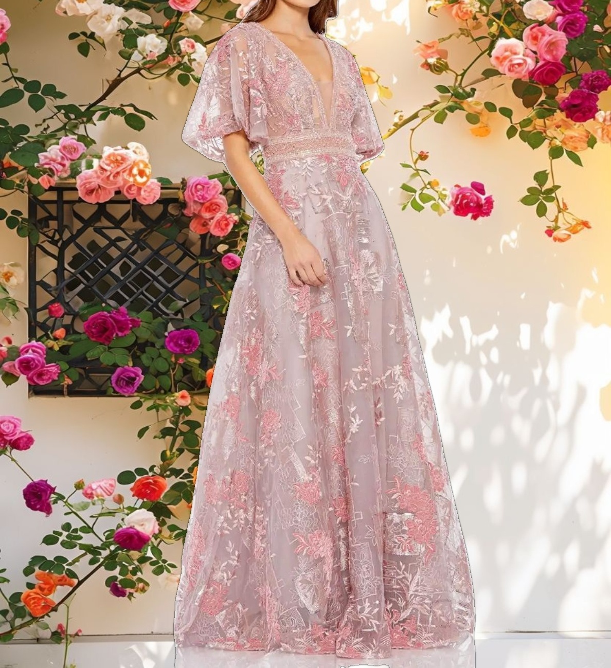 Floral Embroidered Flounce Sleeve Gown