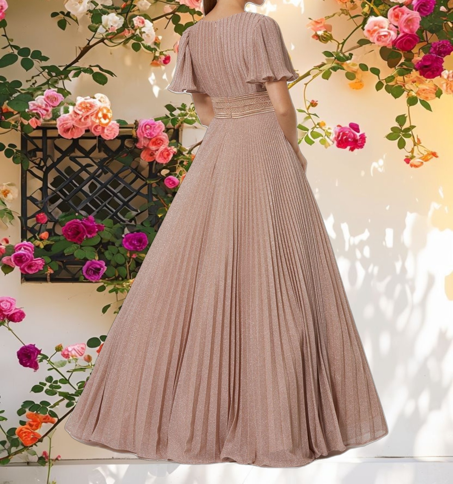 Pink Pleated Shimmering Flutter Sleeve Gown