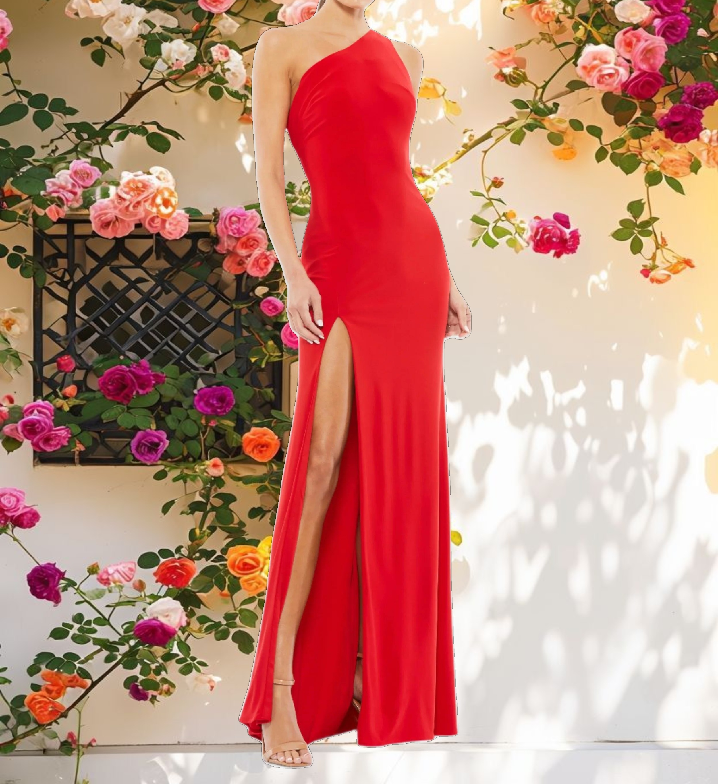 Red One Shoulder Draped Back Gown