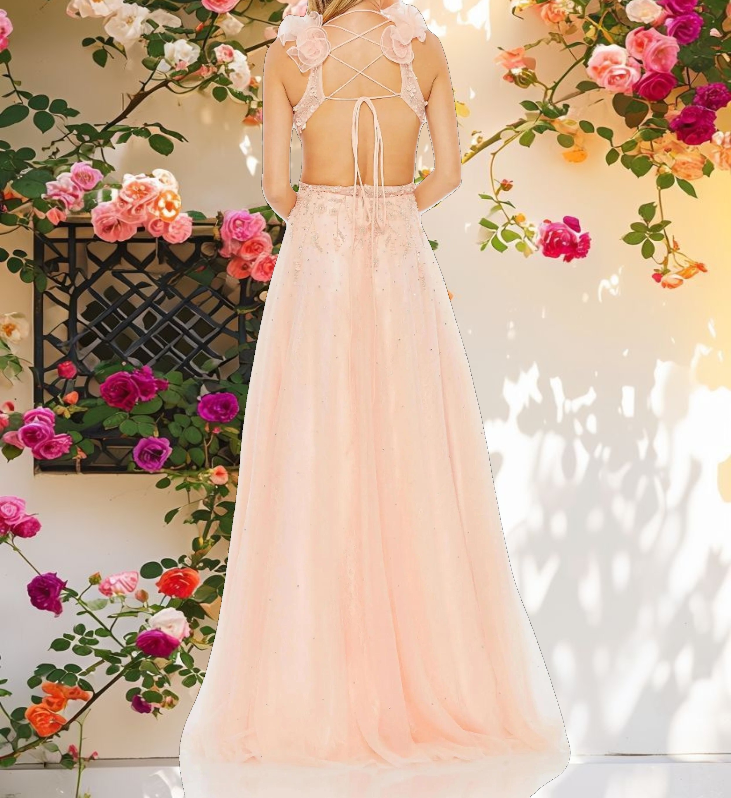 Pink Embellished Ruffle Shoulder Cut Out A Line Gown
