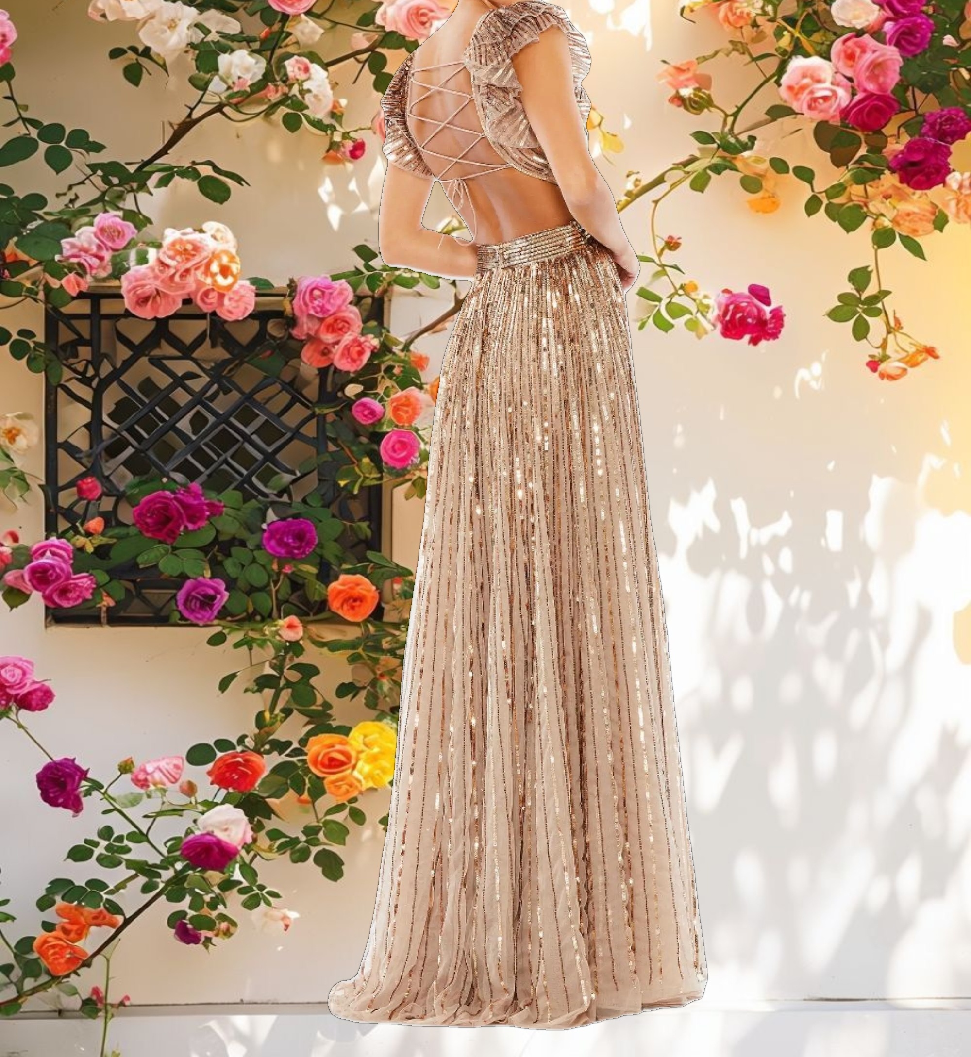 Beige Sequined Cut Out Ruffled Cap Sleeve Lace Up Gown