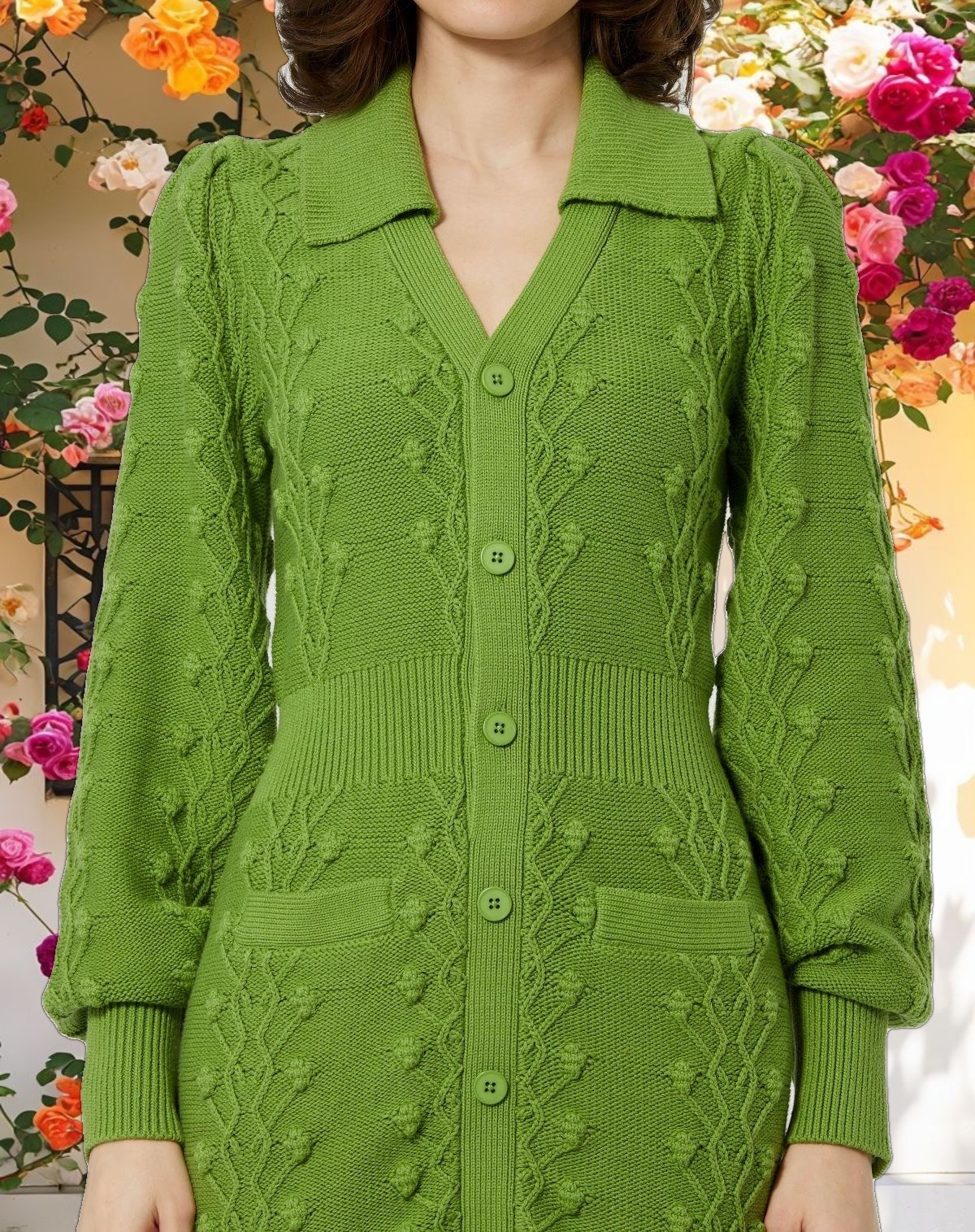 Elegant Long Sleeve Bobble Knit Collared Dress