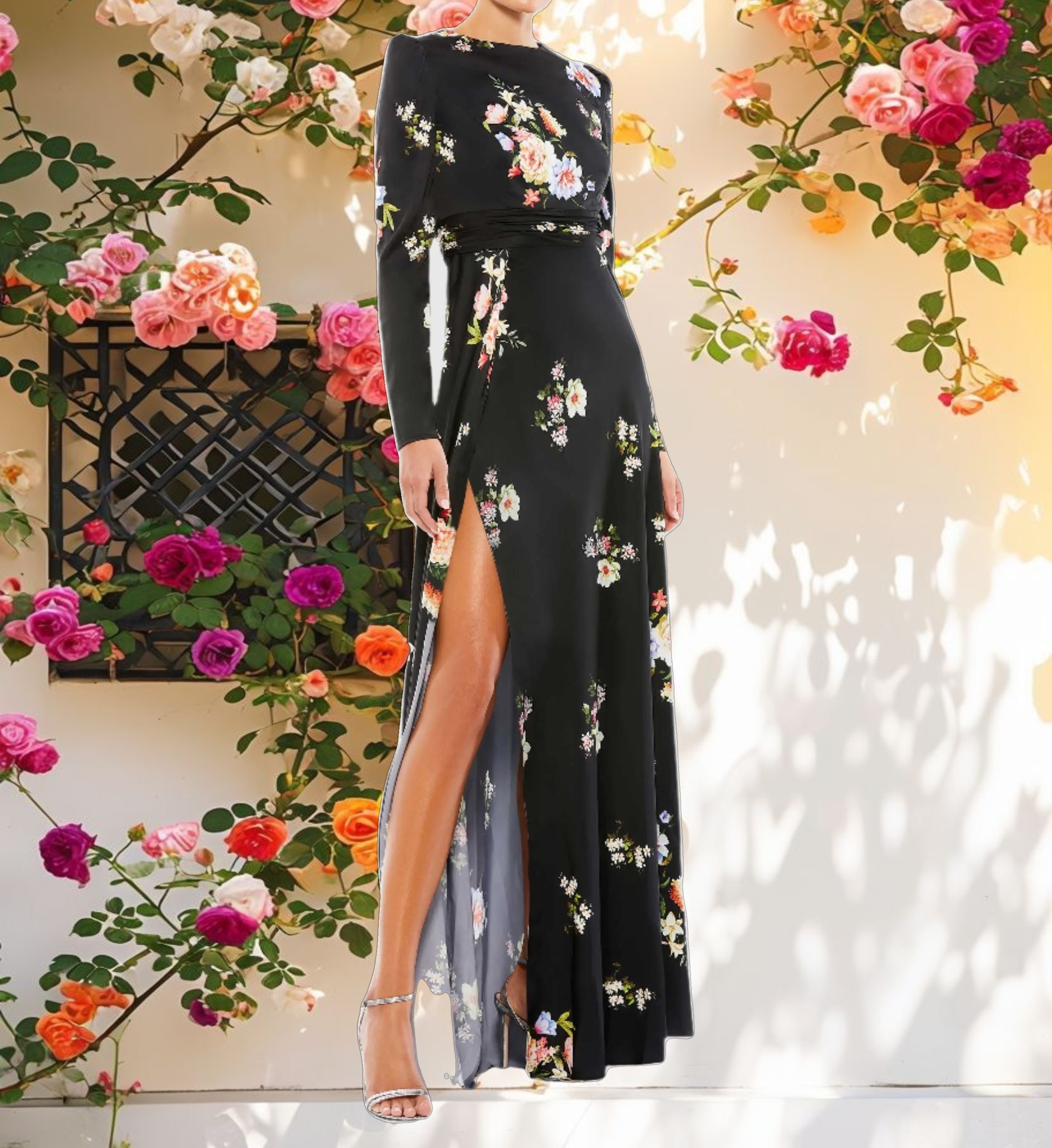 Long Sleeve Faux Wrap Gown