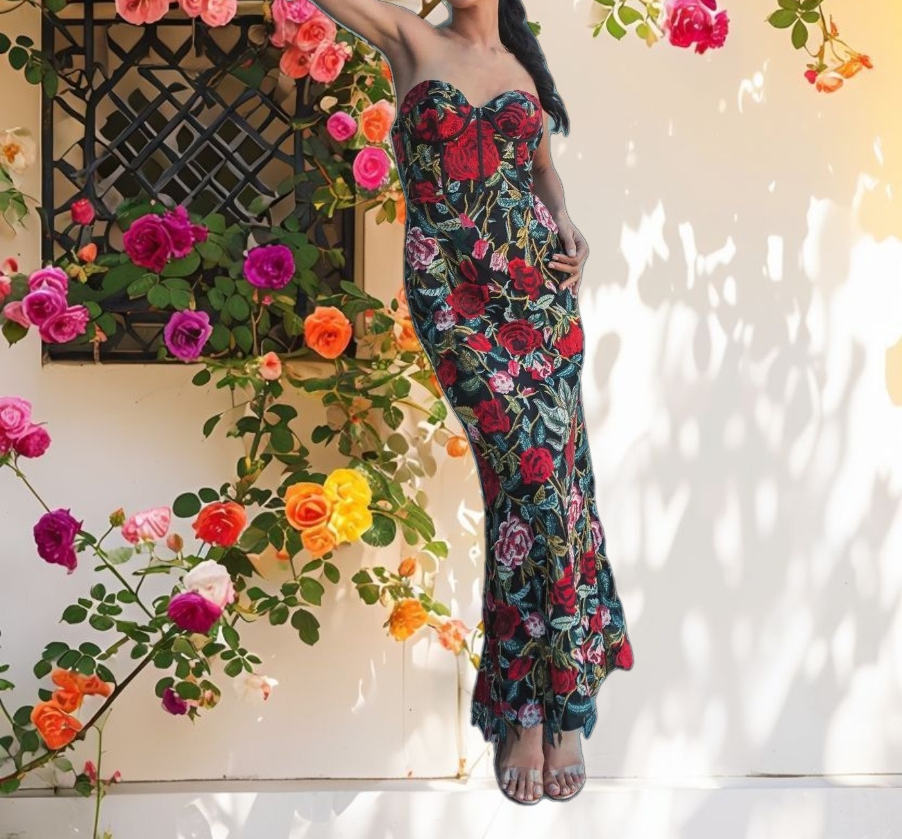 Sheer Bustier Top Floral Applique Gown