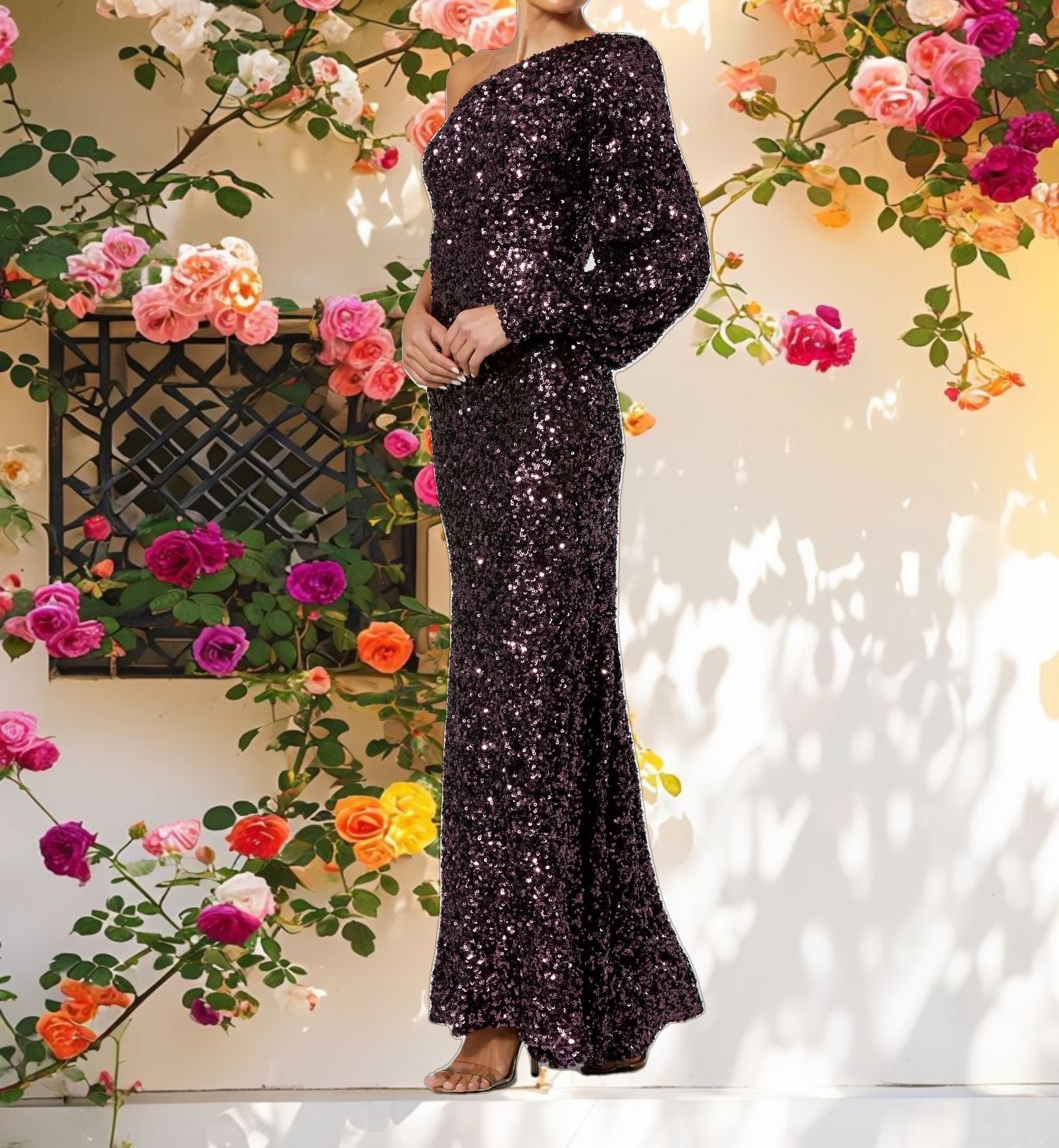 Purple Sequined One Shoulder Bishop Sleeve Trumpet Gown