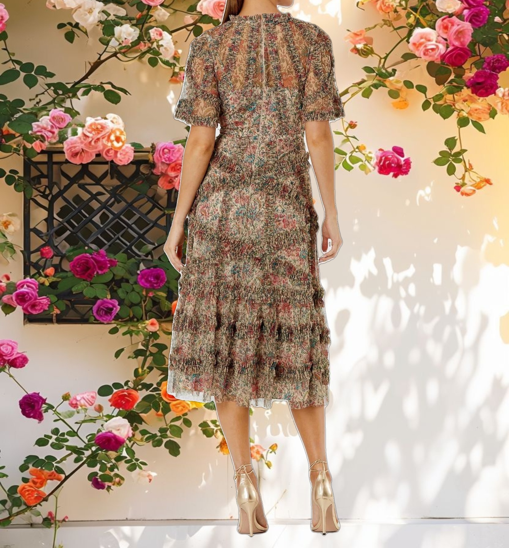 Floral Flutter Sleeve Mesh Print Dress