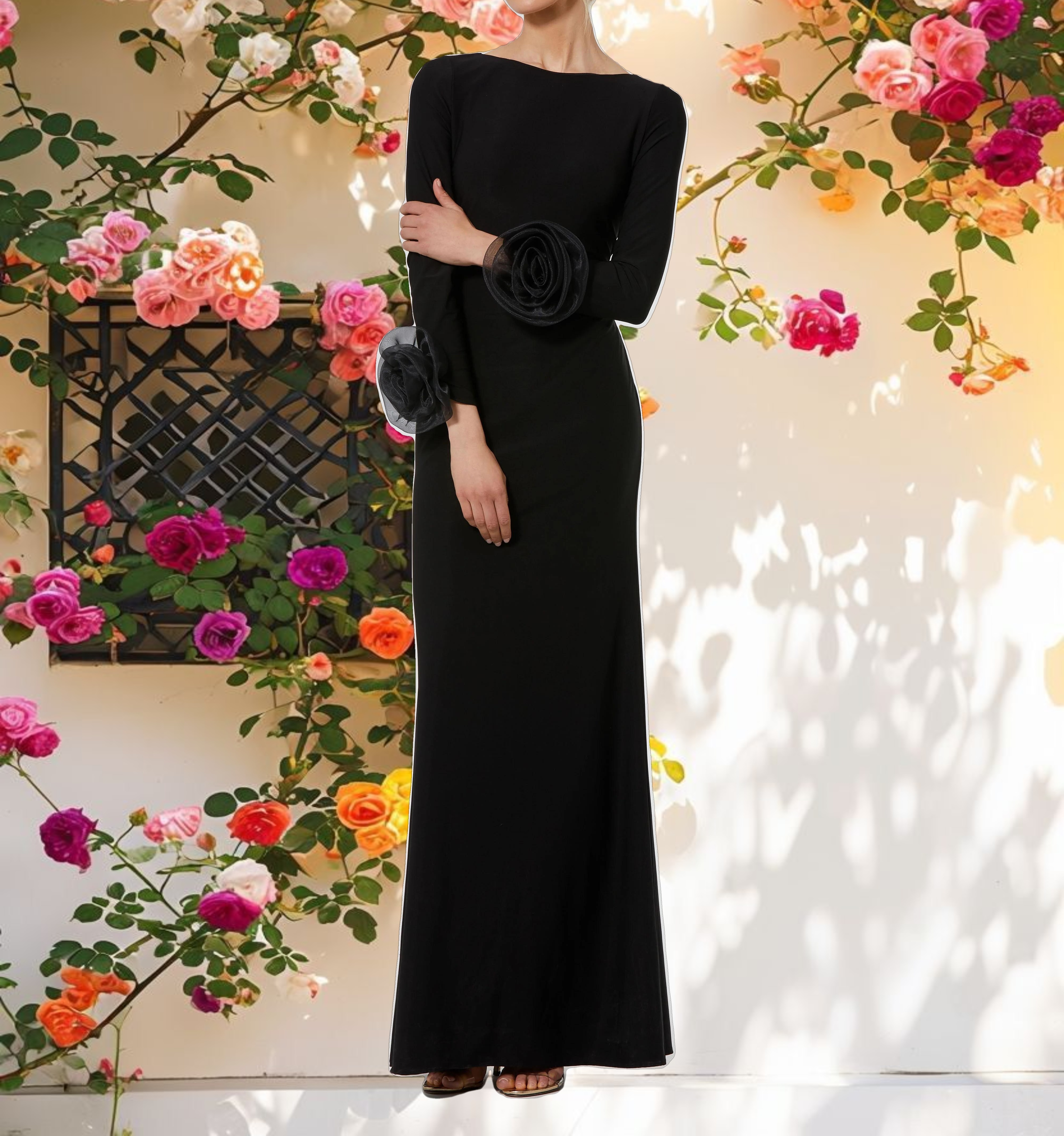 Long Sleeve Fitted Jersey Gown With 3D Flowers