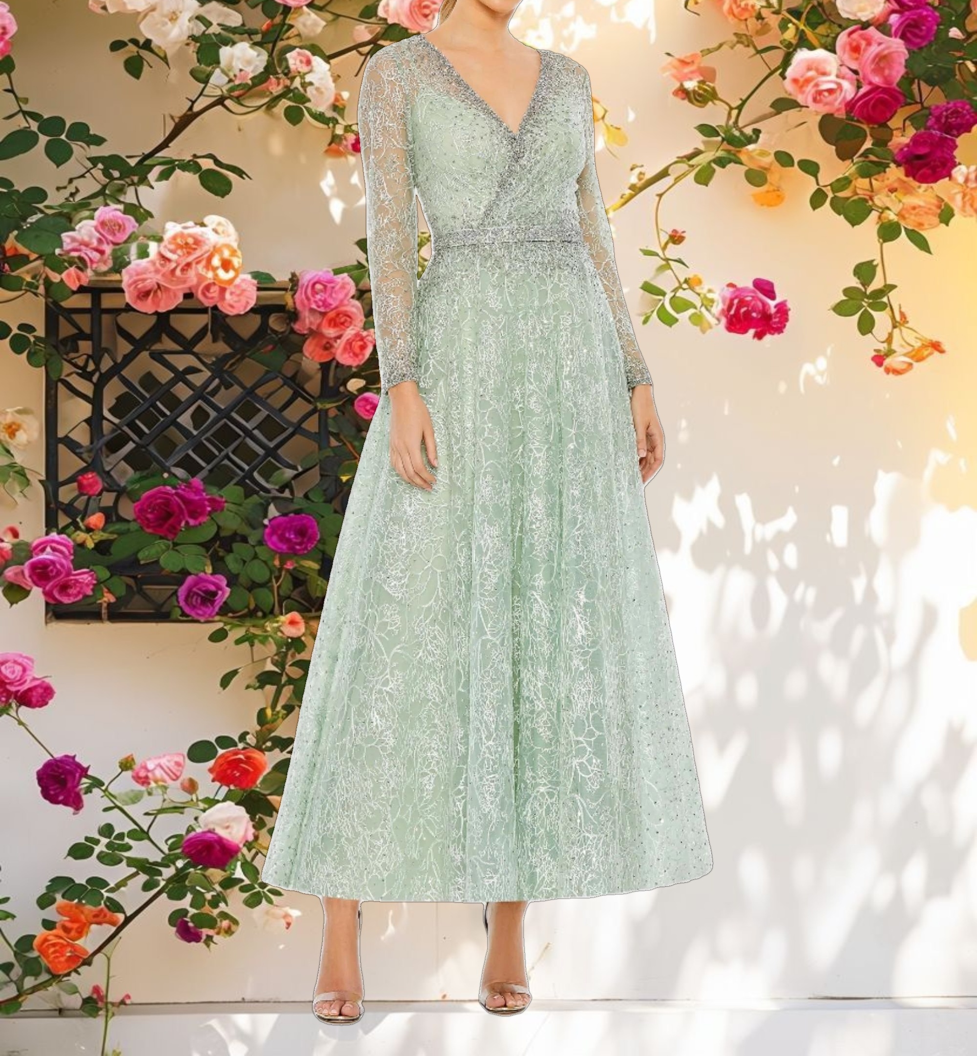 Stitched Decorated Wrap Over Long Sleeve Midi Dress