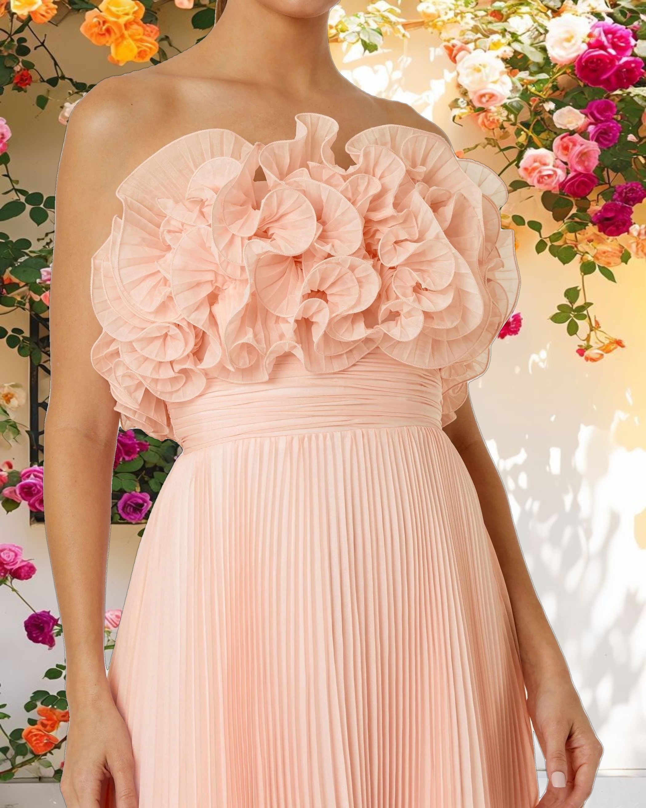 Pink Pleated Chiffon Strapless Gown With Ruffles