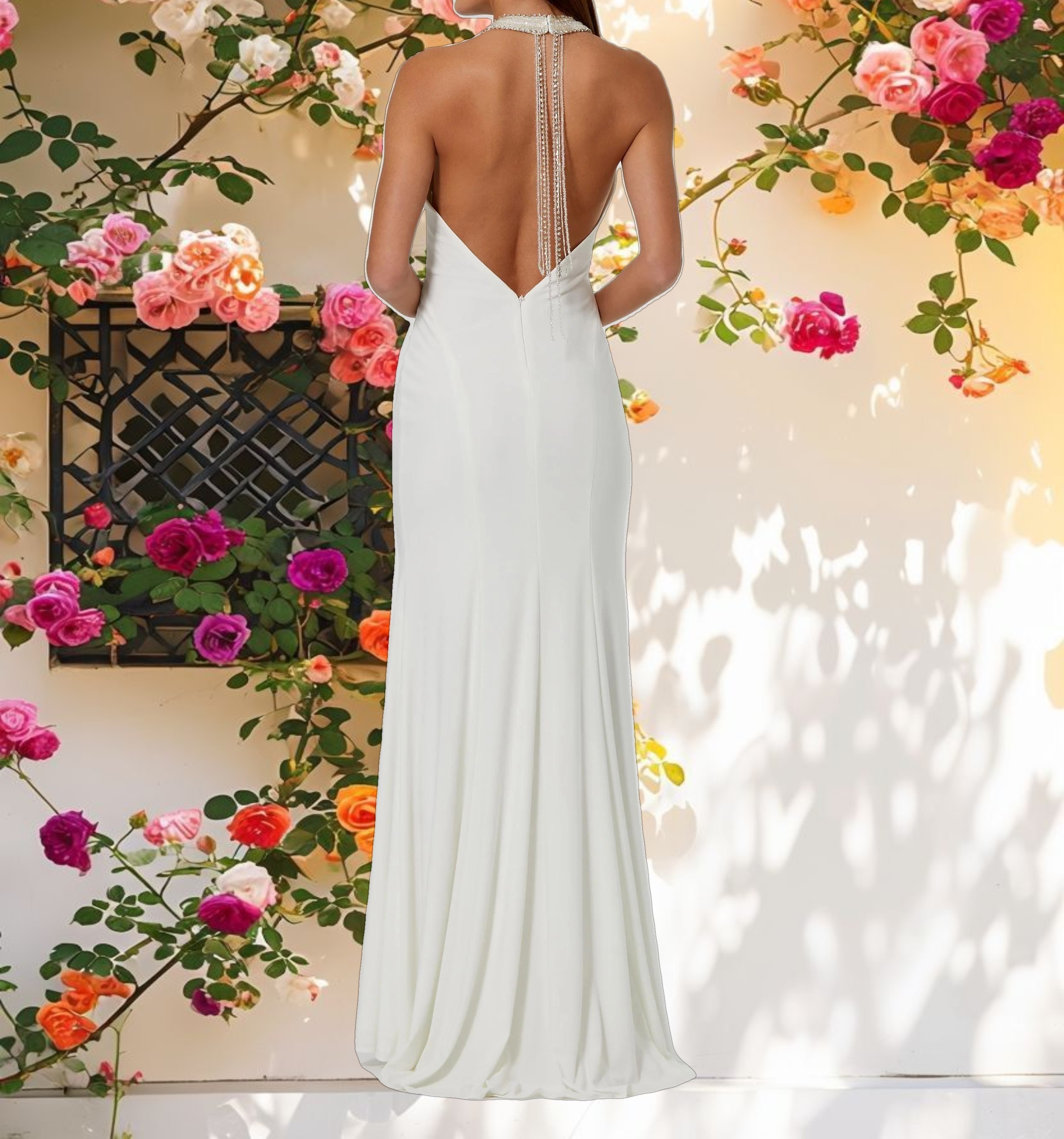 White Beaded Halter Jersey Gown