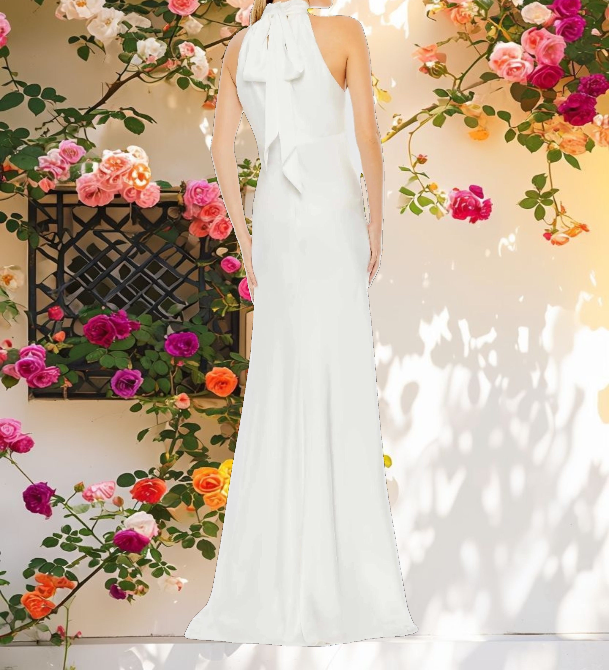 White Keyhole Halter Empire Waist Gown