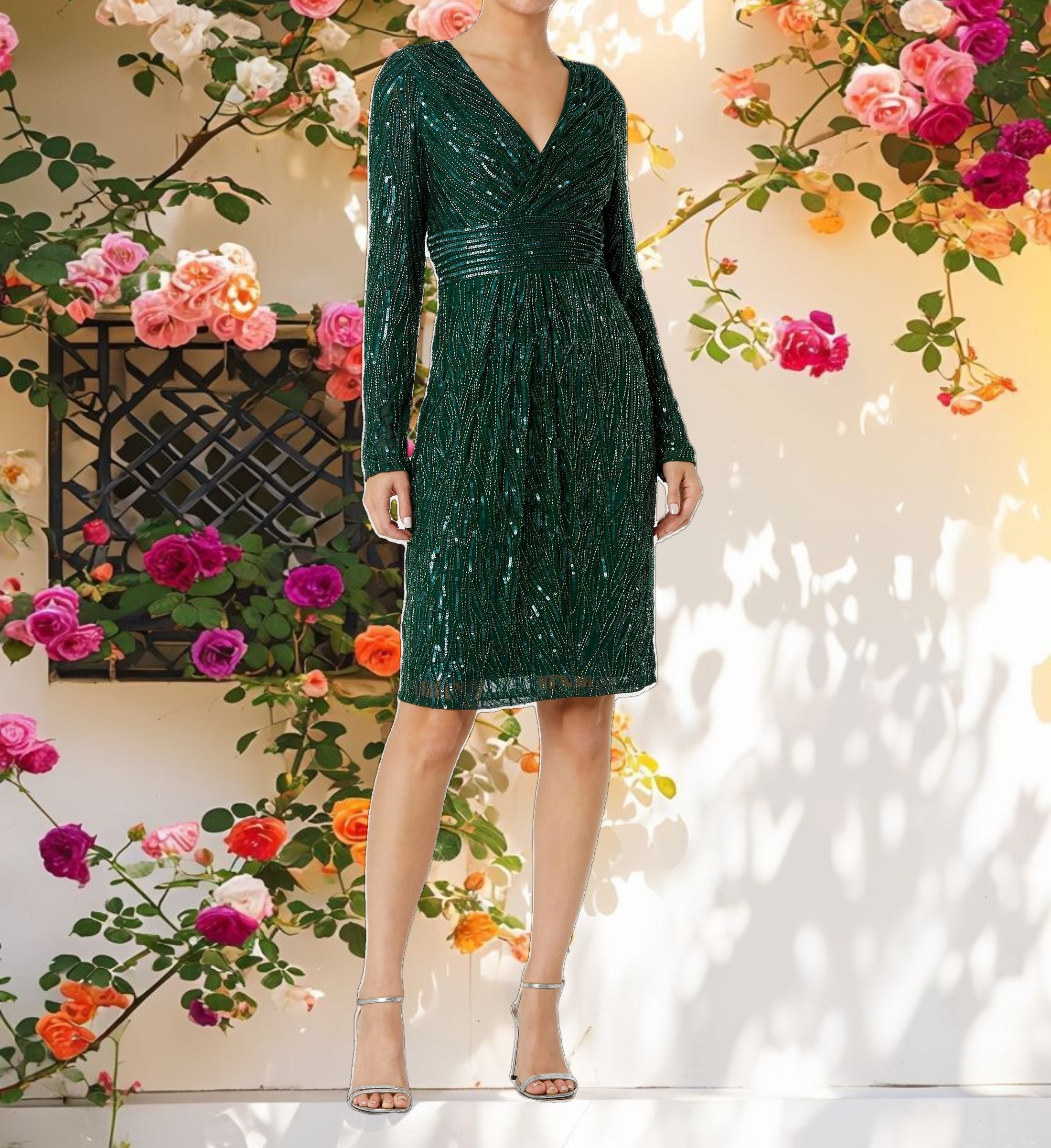 Green Long Sleeve Embellished Sequin Cocktail Dress