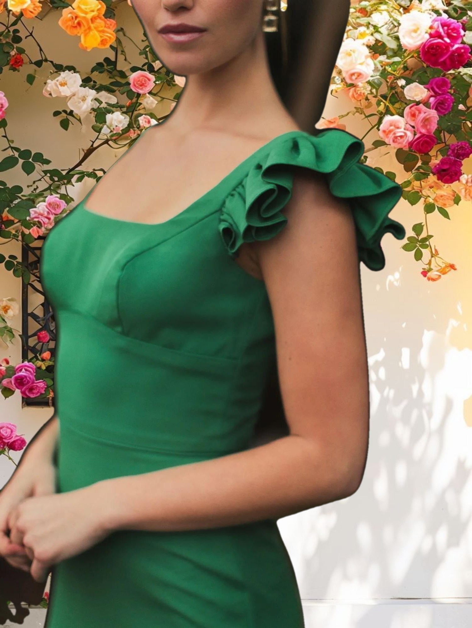 Green Ruffle Cap Sleeve Open Back Column Gown