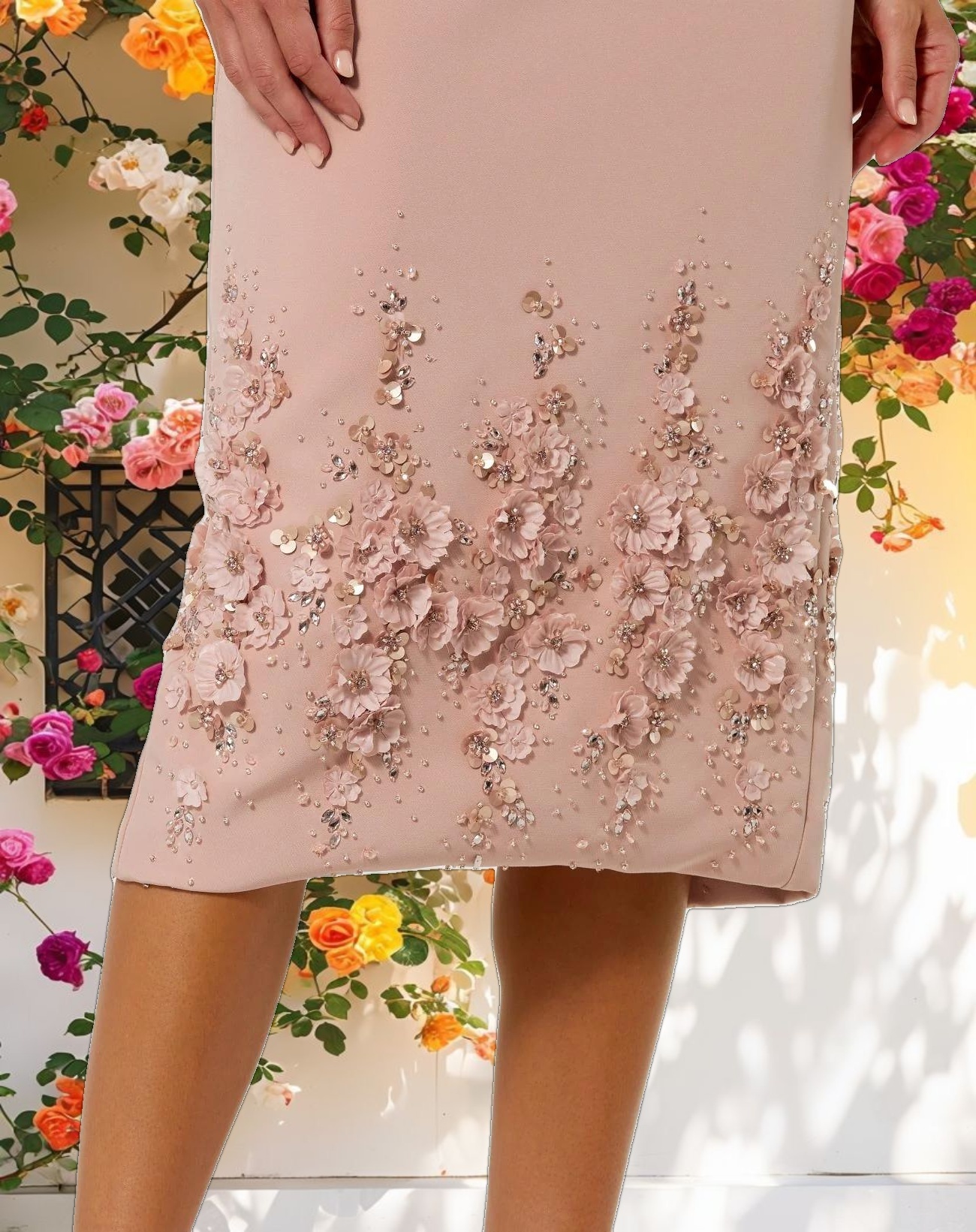 Pink Crepe Sleeveless Midi Dress With Flower Beading