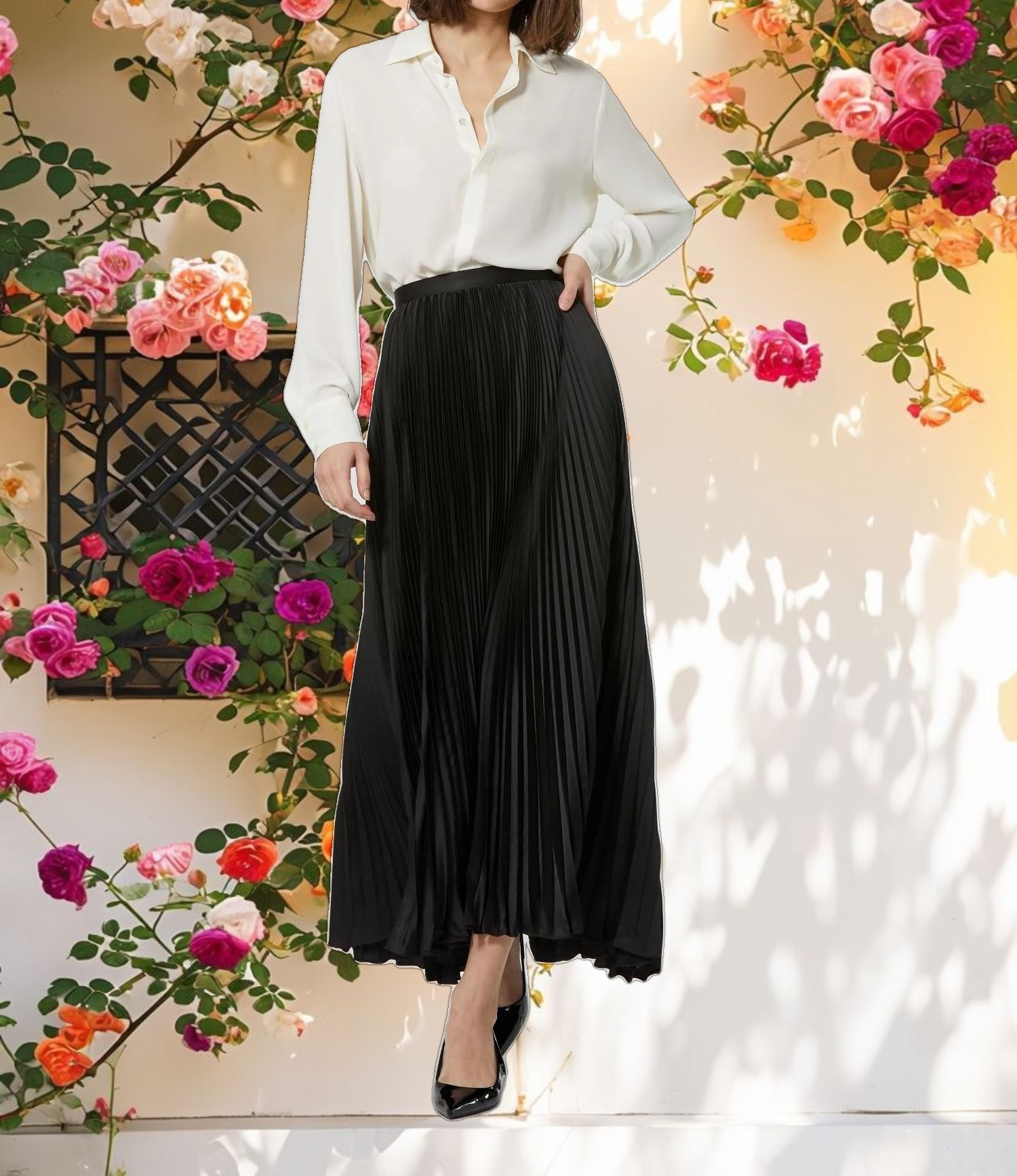 Black Ankle Length Satin Pleated Skirt
