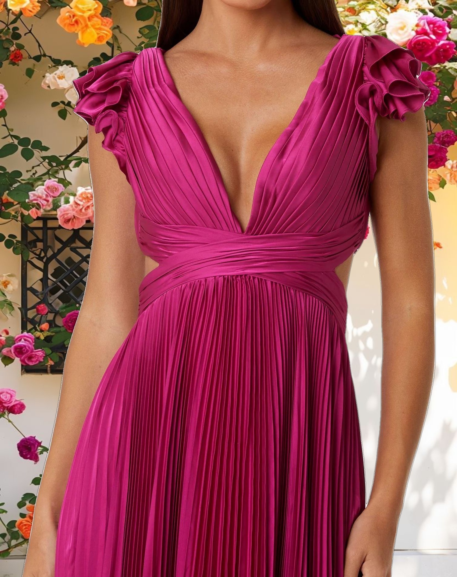 Purple Pleated Ruffled Cap Sleeve Cut Out Lace Up Gown