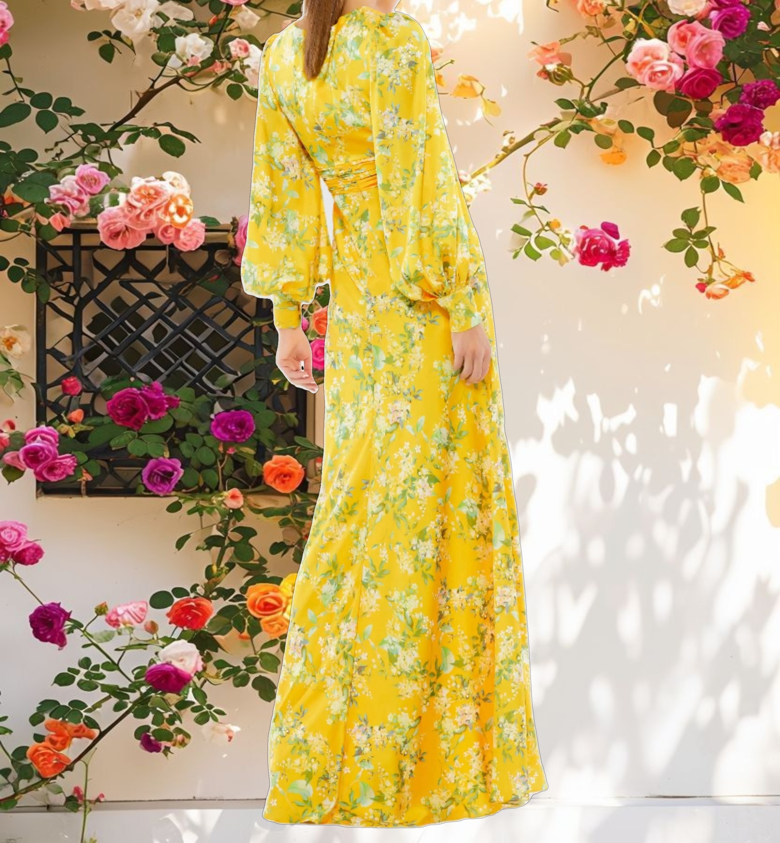 Floral Bishop Long Sleeve V Neck Gown