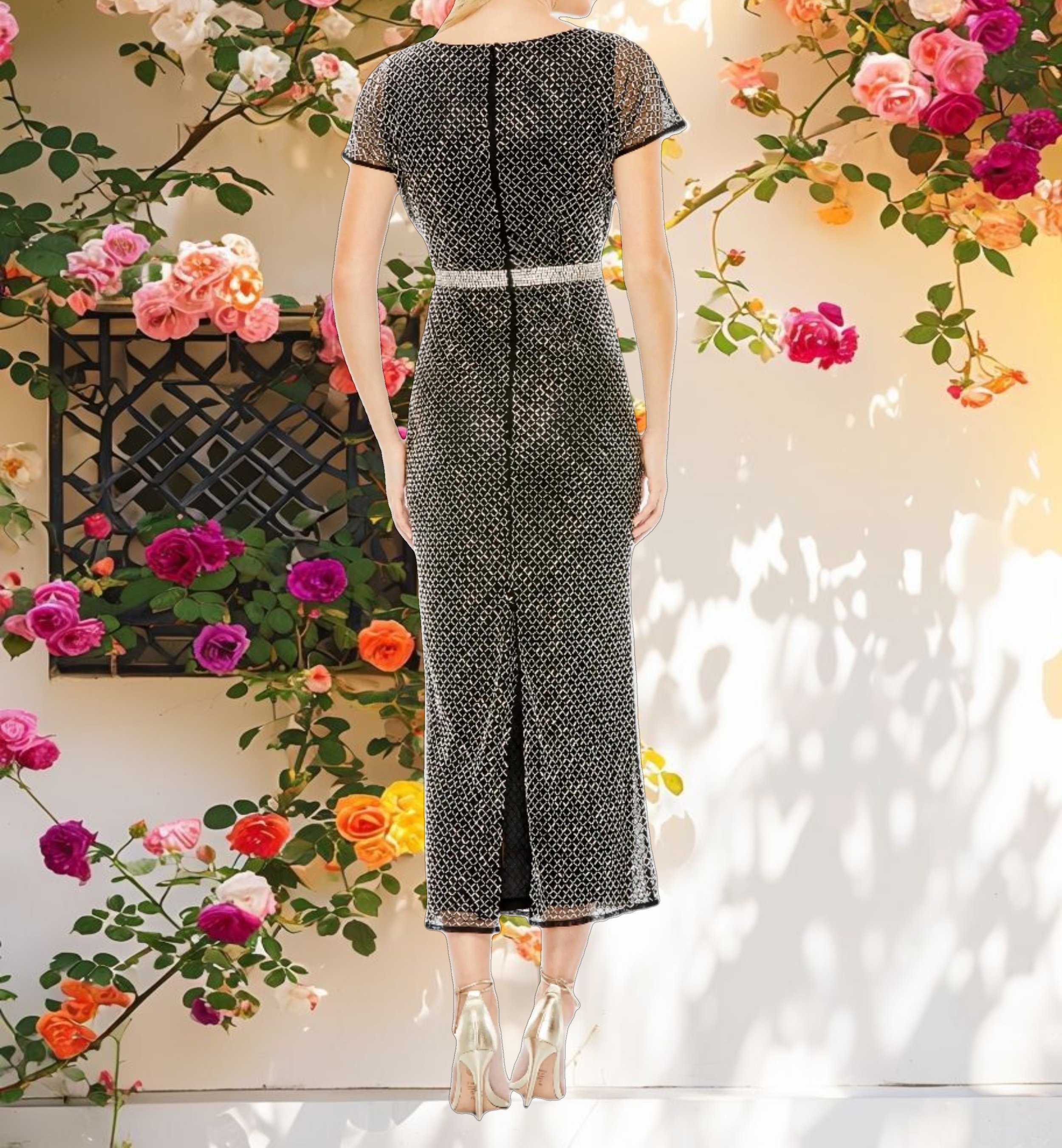 Beaded Wrap V Neck Short Sleeve Dress